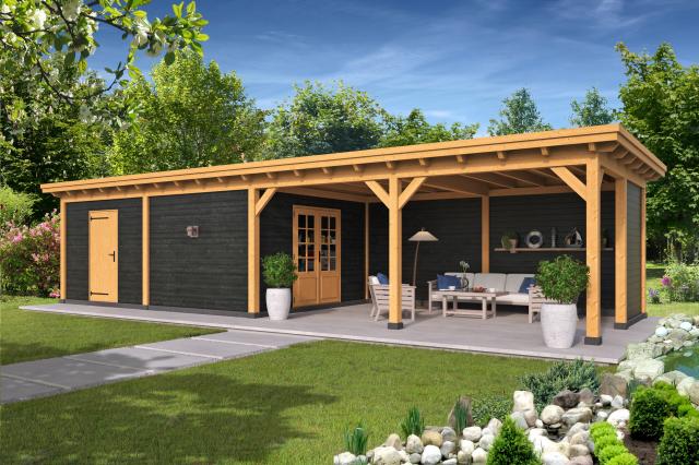 Overkapping plat dak Red Class Wood Odense type 12 XL 1036x378 cm - zwarte wanden afbeelding 1
