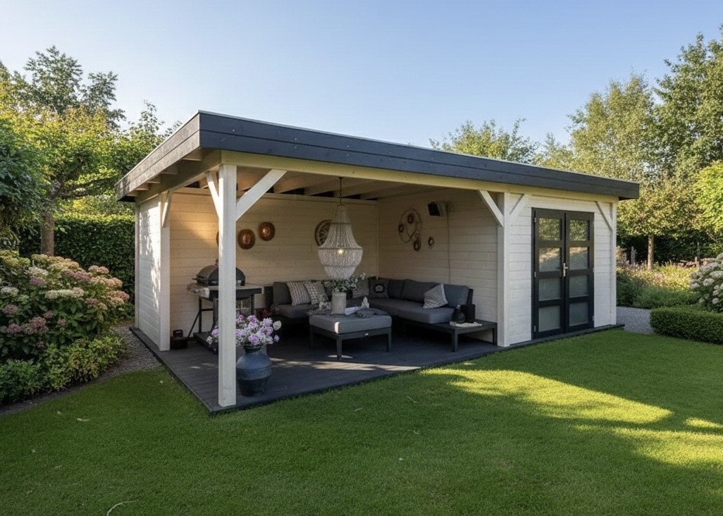 Blokhut Bosuil 300x300 cm + luifel 400 cm - antraciet en antiek wit gecoat - incl. EPDM en antraciet vlonder - excl. composiet balken Showmodel Amersfoort- Plat dak- Gecoat vurenhout- Woodvision afbeelding