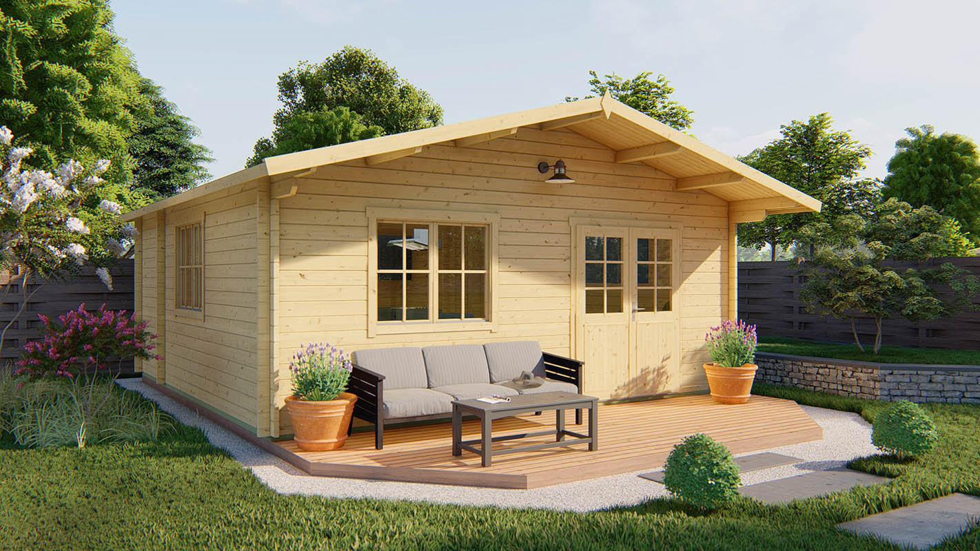 Blokhut Brandenburg 598x598 cm + luifel 100 cm afbeelding