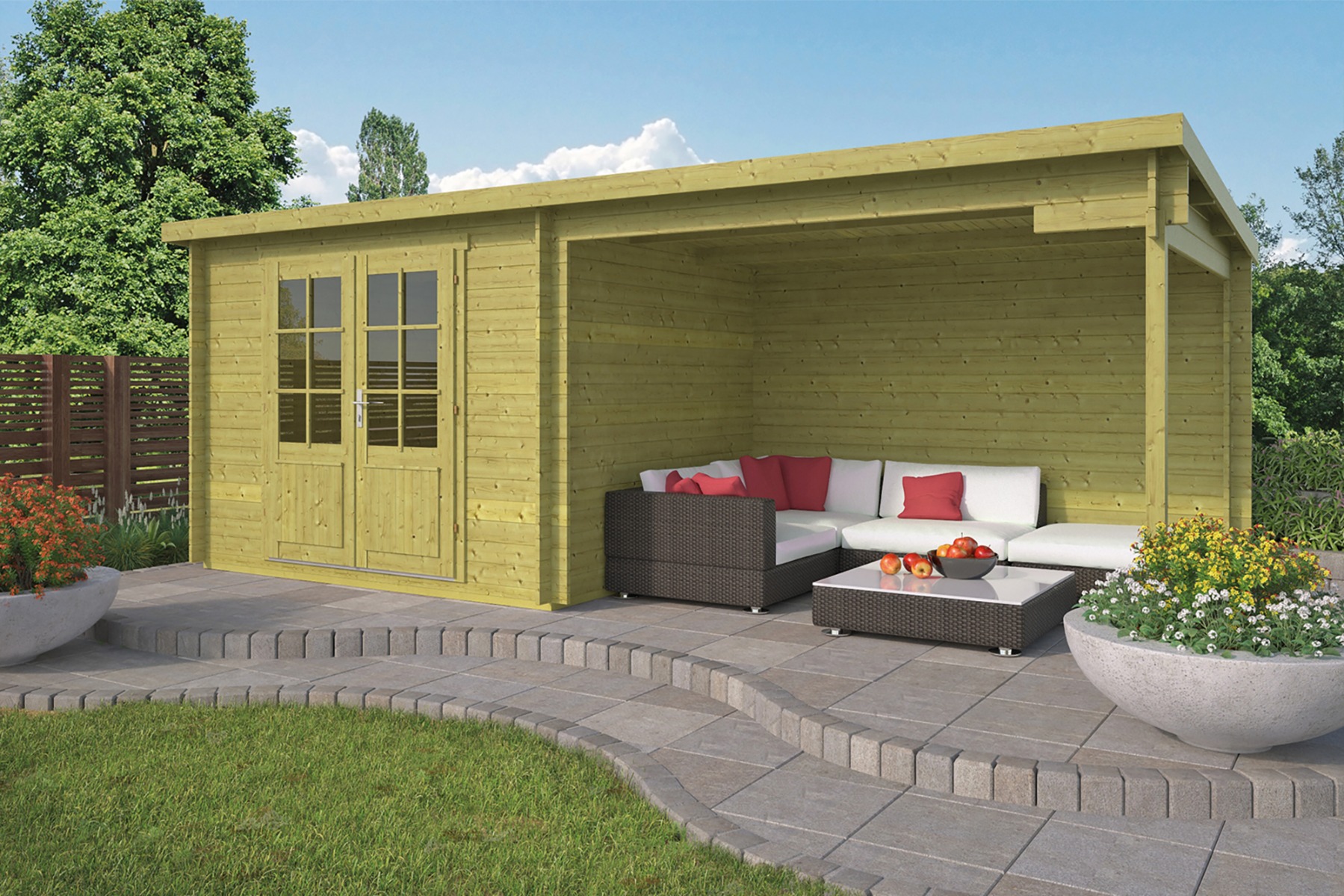 Blokhut Freddy 300x250 cm + luifel 298 cm - groen geïmpregneerd