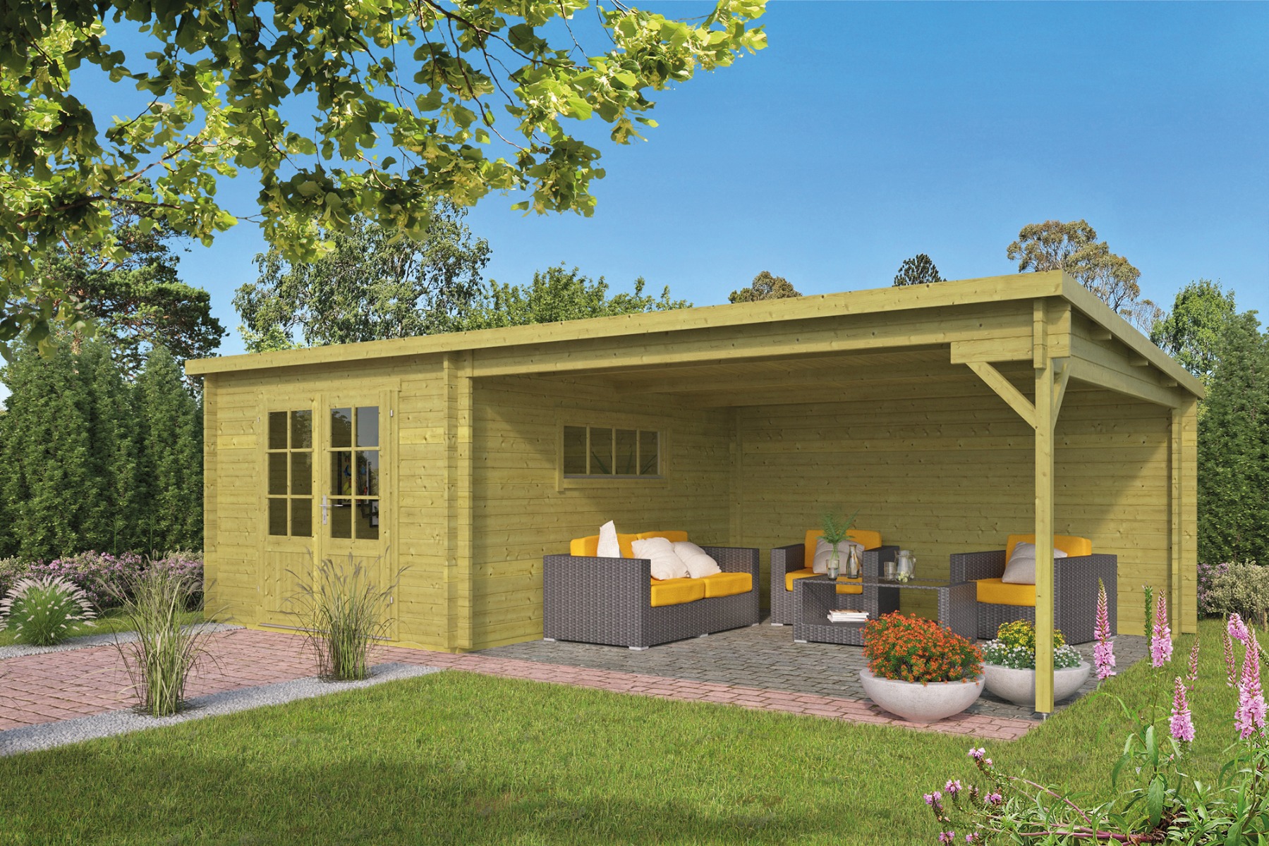Blokhut Anton 300x400 cm + luifel 400 cm - groen geïmpregneerd afbeelding