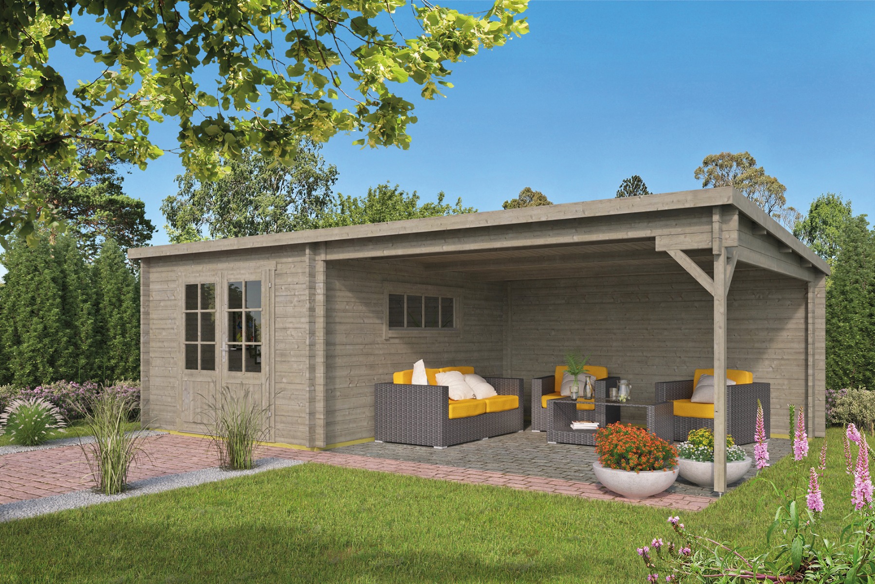 Blokhut Anton 300x400 cm + luifel 400 cm - Red class wood geïmpregneerd afbeelding