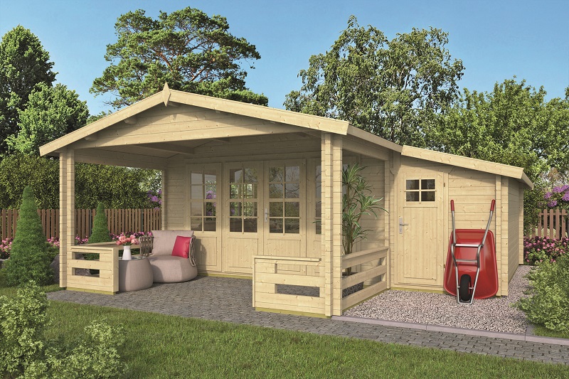 Blokhut Manchester 440x440 cm + luifel 223 cm + zijaanbouw 150 cm - red class wood geïmpregneerd afbeelding