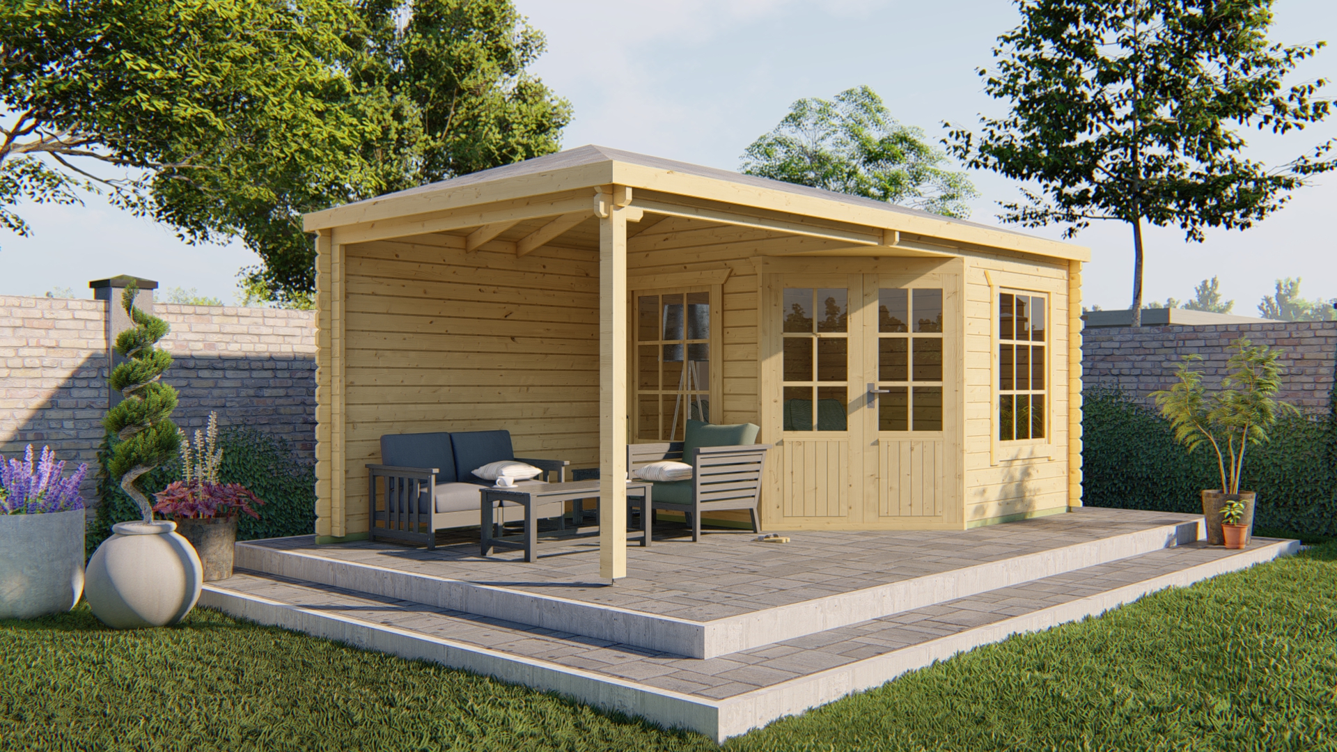 Blokhut Jannie 300x300 cm + zijluifel 275 cm - red class wood geïmpregneerd