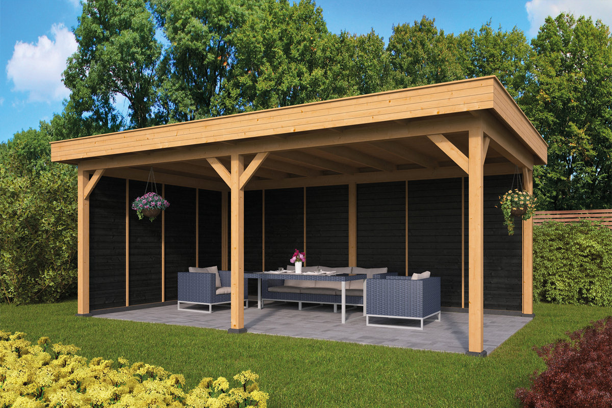 Lariks/Douglas Overkapping Oslo L type 2 zwart 478x380 cm- Plat dak- Onbehandeld lariks Douglas hout- Tuindeco