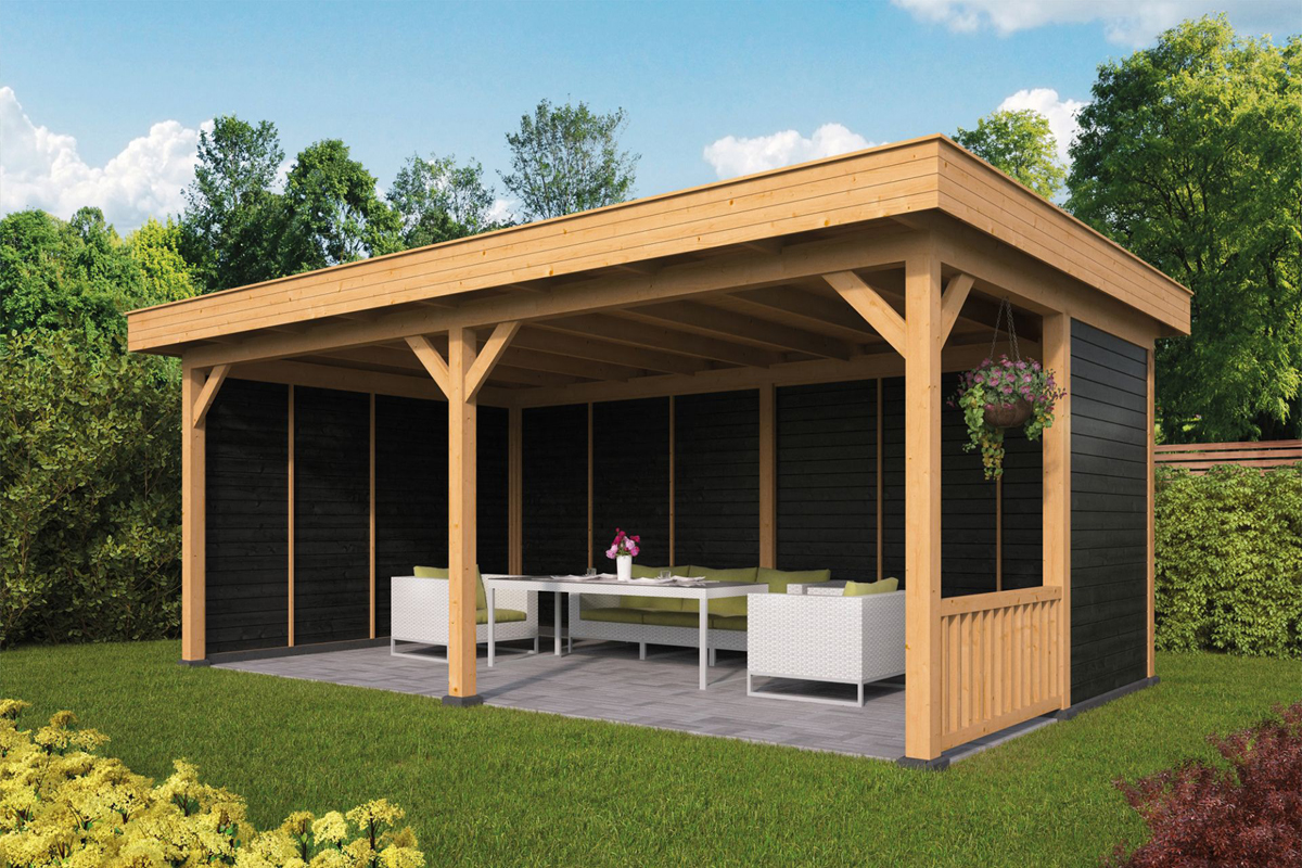 Lariks/Douglas Overkapping Oslo L type 3 zwart 478x380 cm- Plat dak- Onbehandeld lariks Douglas hout- Tuindeco