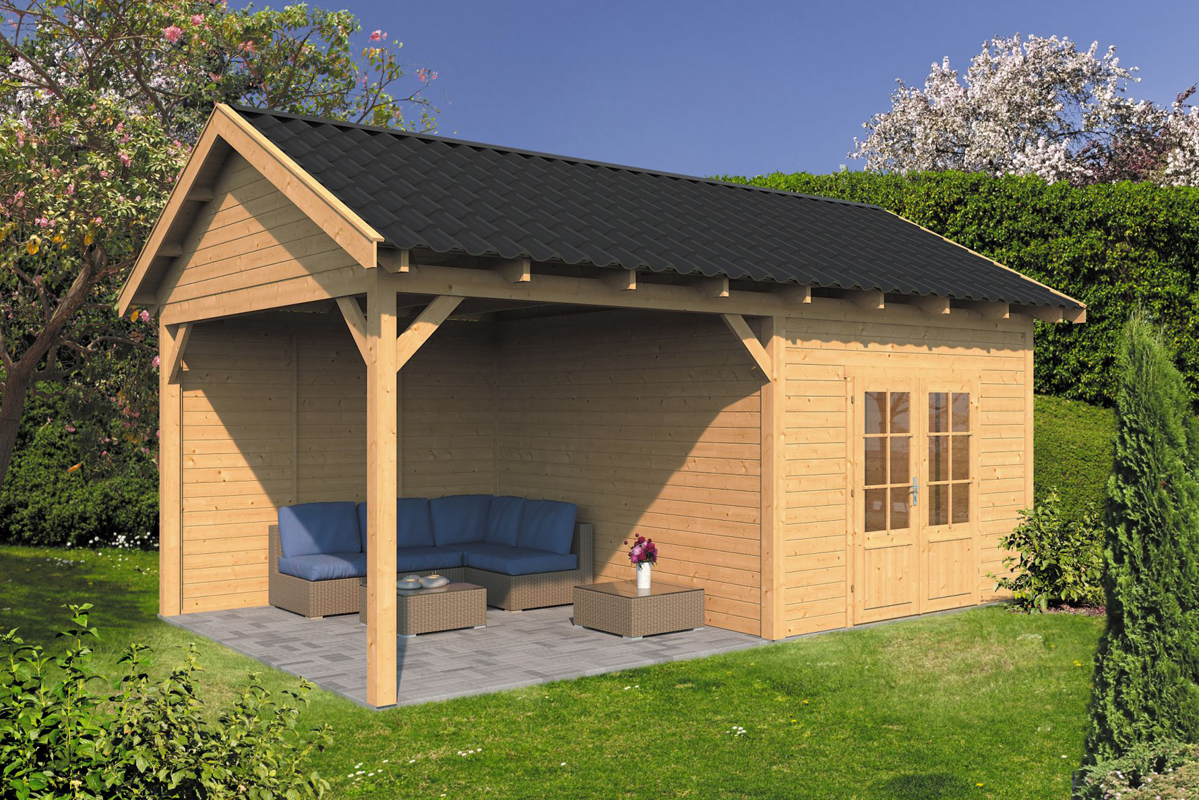 Lariks/Douglas Overkapping Hamar XL type 3 blank 678x445 cm- Zadeldak- Onbehandeld lariks Douglas hout- Tuindeco