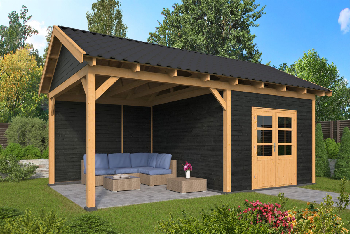 Lariks/Douglas Overkapping Hamar XL type 3 zwart 678x445 cm- Zadeldak- Onbehandeld lariks Douglas hout- Tuindeco