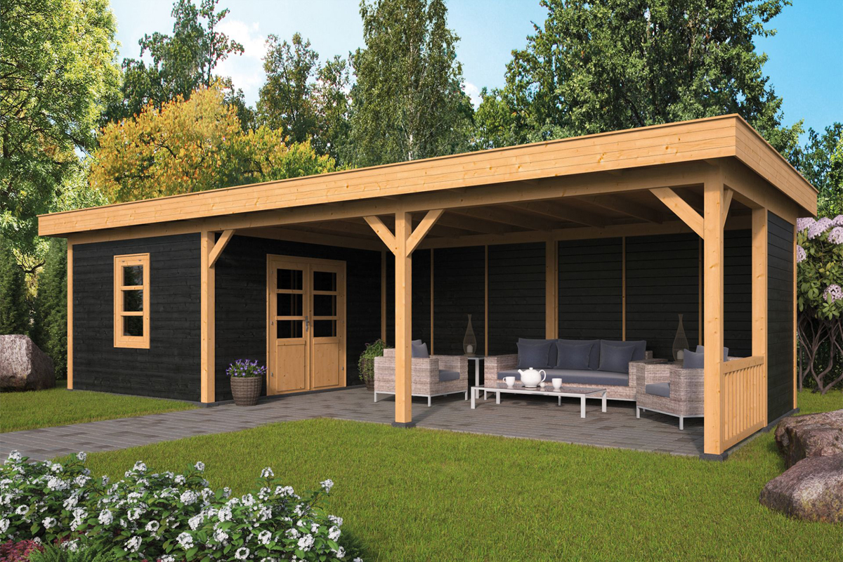 Lariks/Douglas Overkapping Oslo L type 8 zwart 690x380 cm- Plat dak- Onbehandeld lariks Douglas hout- Tuindeco