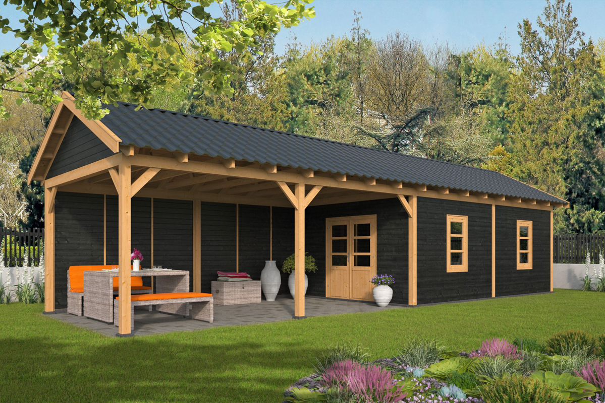 Lariks/Douglas Overkapping Hamar L type 11 zwart 903x395 cm- Zadeldak- Onbehandeld lariks Douglas hout- Tuindeco