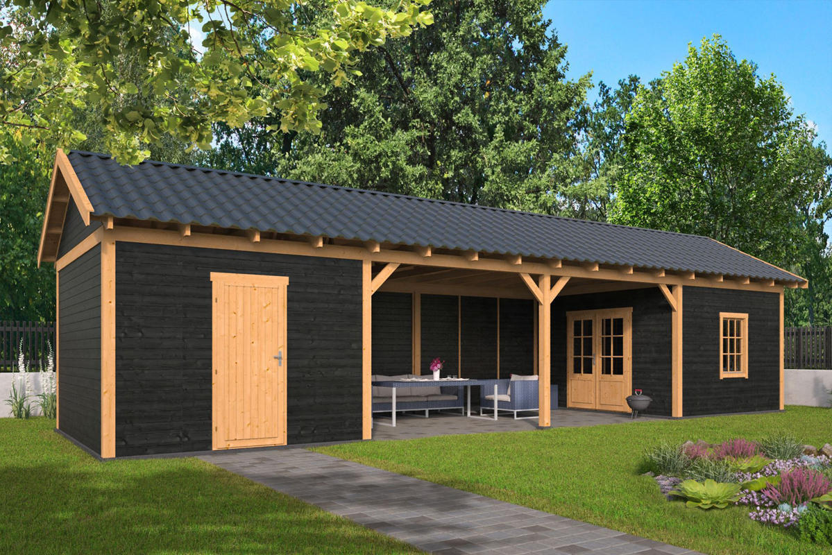 Lariks/Douglas Overkapping Hamar L type 12 zwart 903x395 cm- Zadeldak- Onbehandeld lariks Douglas hout- Tuindeco