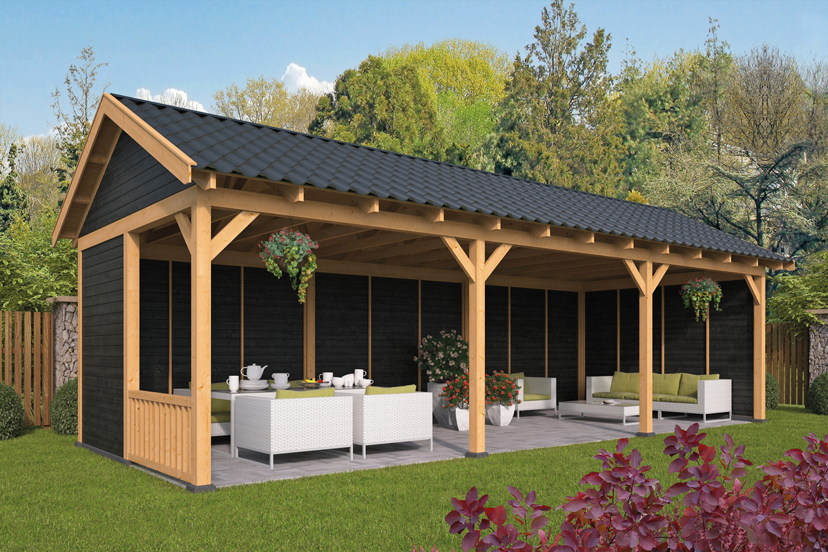 Lariks/Douglas Overkapping Hamar XL type 6 zwart 990x445 cm afbeelding