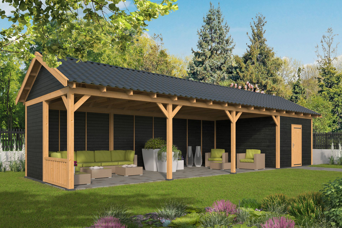 Lariks/Douglas Overkapping Hamar XL type 10 zwart 1303x445 cm- Zadeldak- Onbehandeld lariks Douglas hout- Tuindeco