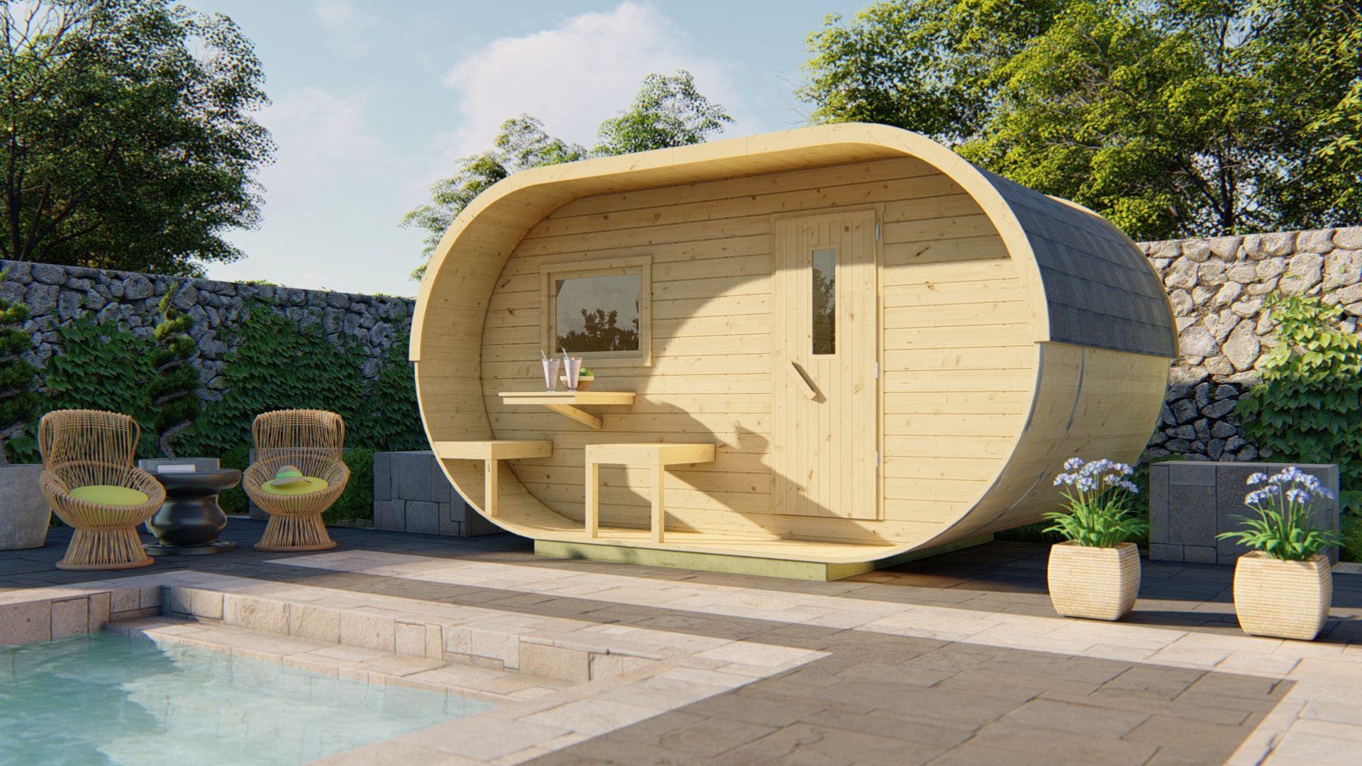 Tuindeco Oval barrelsauna 405x240 cm 38 mm vuren blank- Boogdak- Onbehandeld vurenhout- Tuindeco