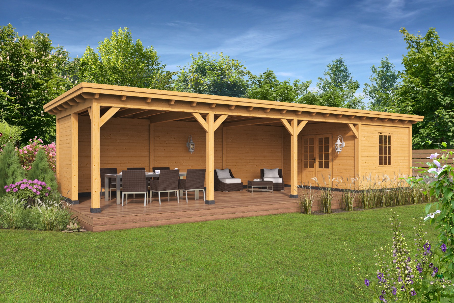 Overkapping plat dak Red Class Wood Odense type 11 XXL 1236x450 cm - Blanke wanden afbeelding