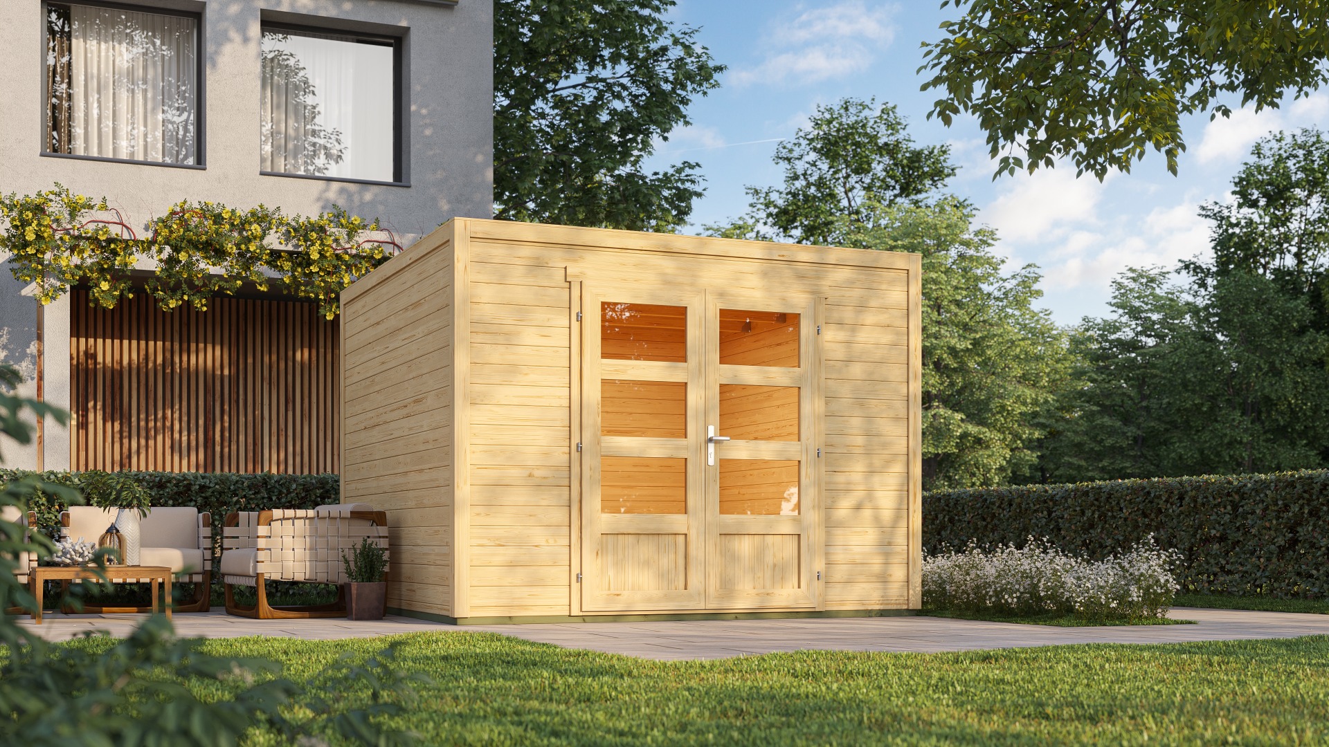 Van Kooten Tuin en Buitenleven Outdoor Life Quby blokhut 300x300 cm 28 mm vuren blank- Plat dak- - Outdoor Life