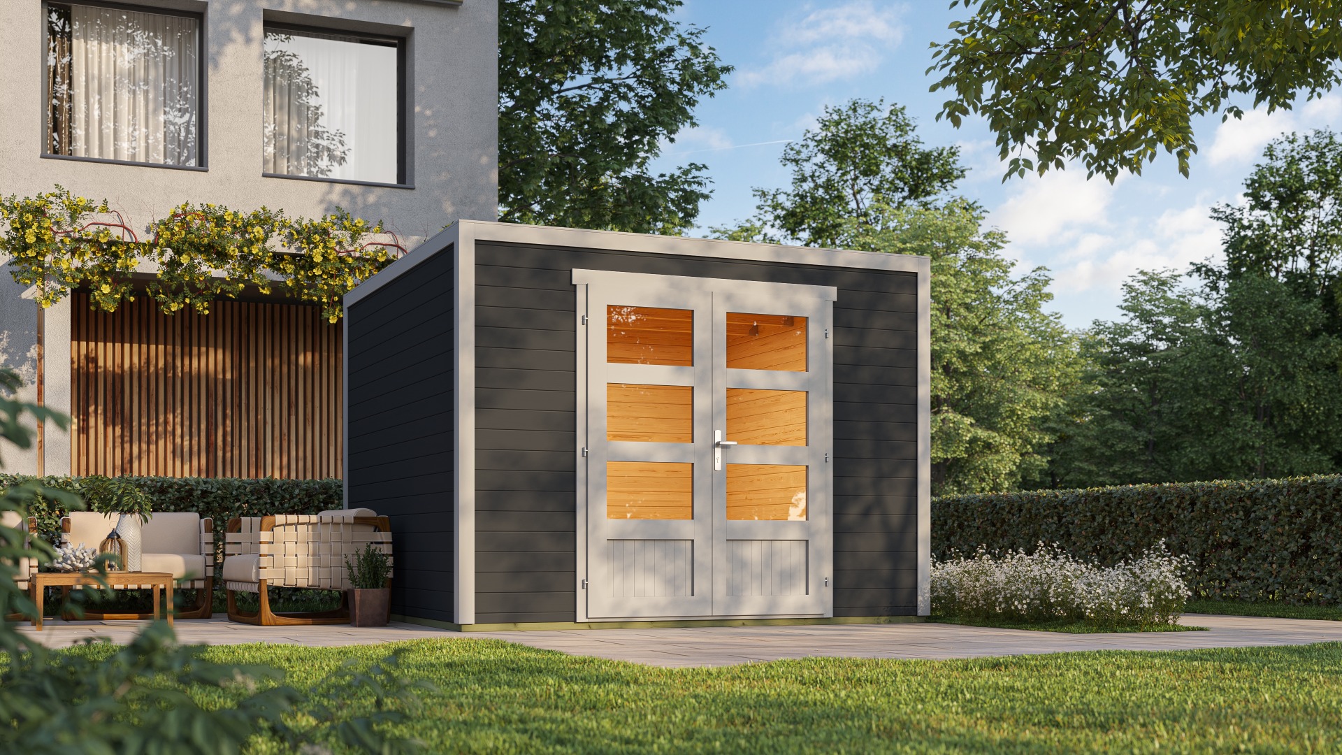 Van Kooten Tuin en Buitenleven Outdoor Life Quby blokhut 300x300 cm 28 mm vuren donkergrijs-lichtgrijs exterieur gecoat- Plat dak- - Outdoor Life
