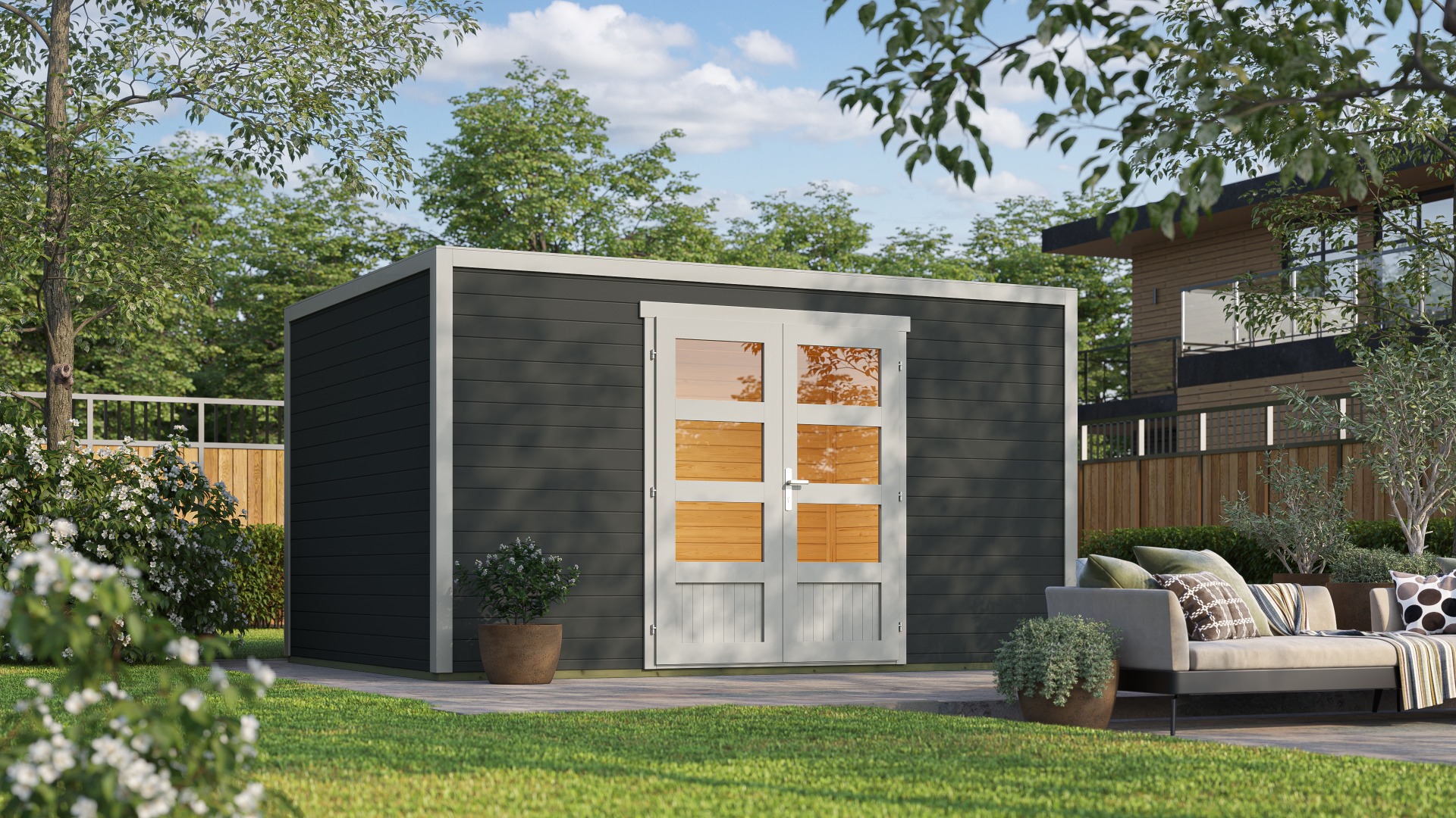 Van Kooten Tuin en Buitenleven Outdoor Life Quby blokhut 400x300 cm 28 mm vuren donkergrijs-lichtgrijs exterieur gecoat- Plat dak- - Outdoor Life