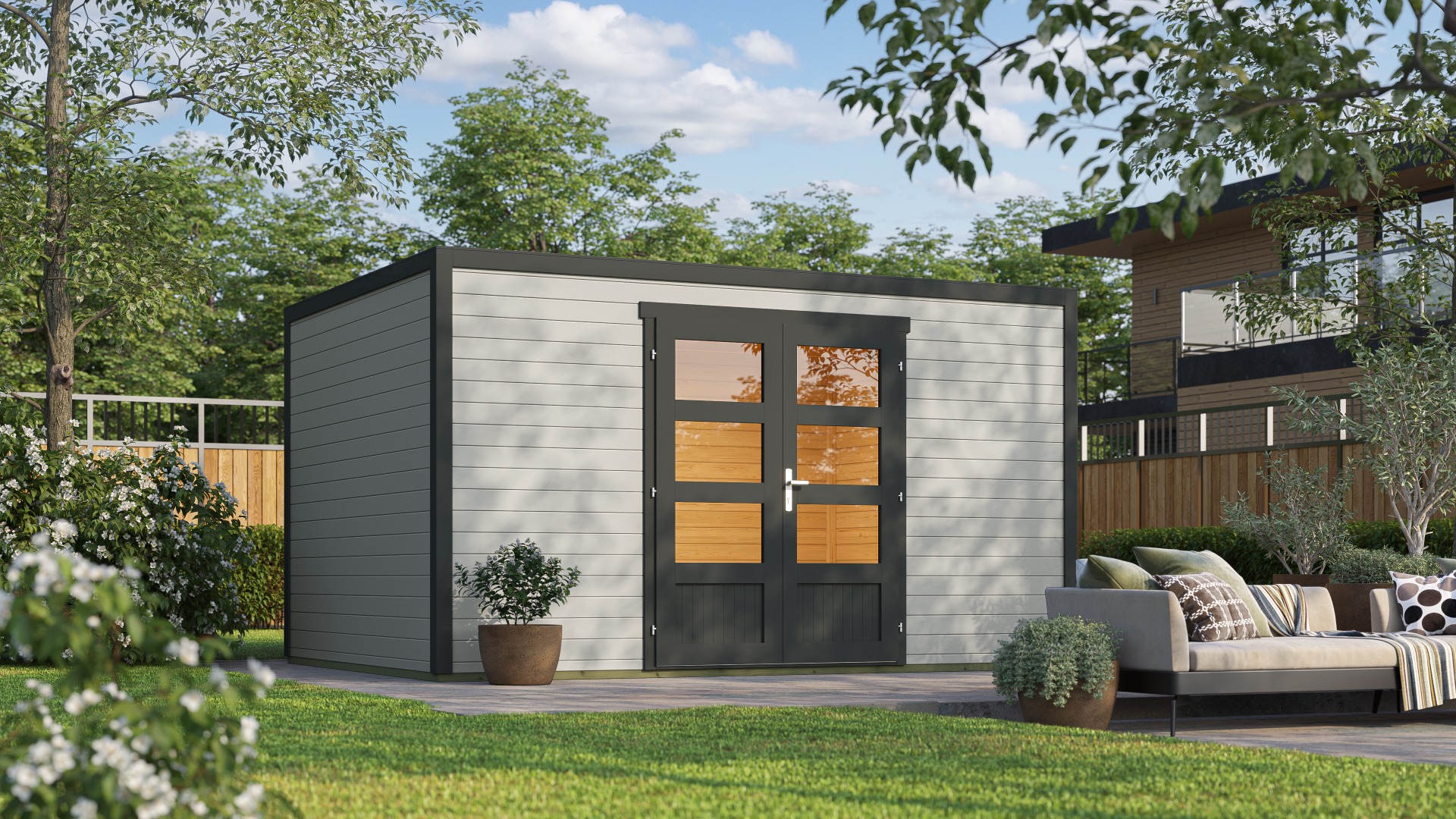 Van Kooten Tuin en Buitenleven Outdoor Life Quby blokhut 400x300 cm 28 mm vuren lichtgrijs-donkergrijs exterieur gecoat- Plat dak- - Outdoor Life