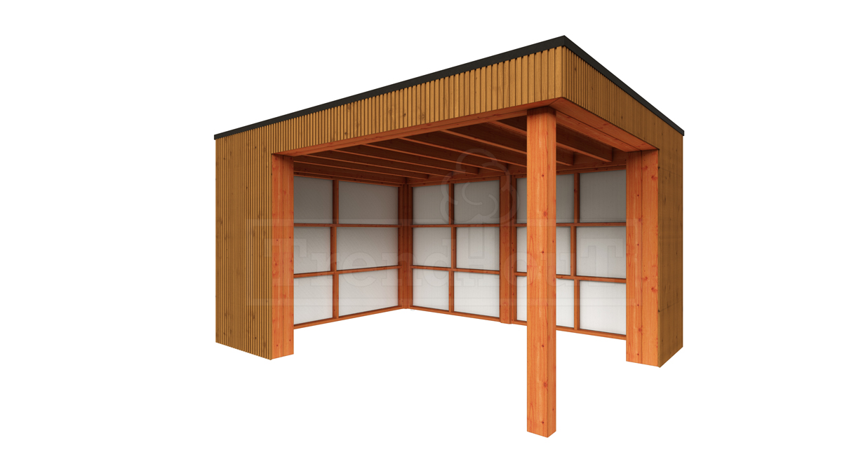 Trendhout Buitenverblijf Capri 425x375 - Plat dak model links- Plat dak- Onbehandeld lariks Douglas hout- Trendhout afbeelding