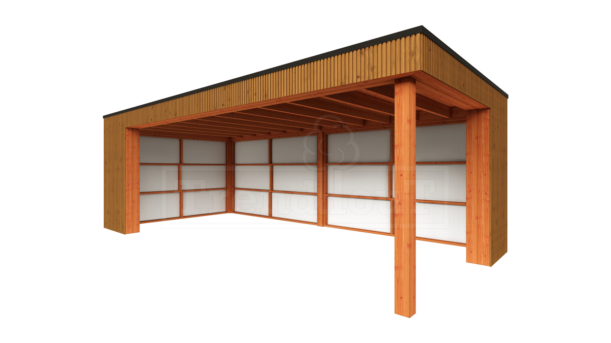 Trendhout Buitenverblijf Capri 720x375 - Plat dak model links- Plat dak- Onbehandeld lariks Douglas hout- Trendhout afbeelding