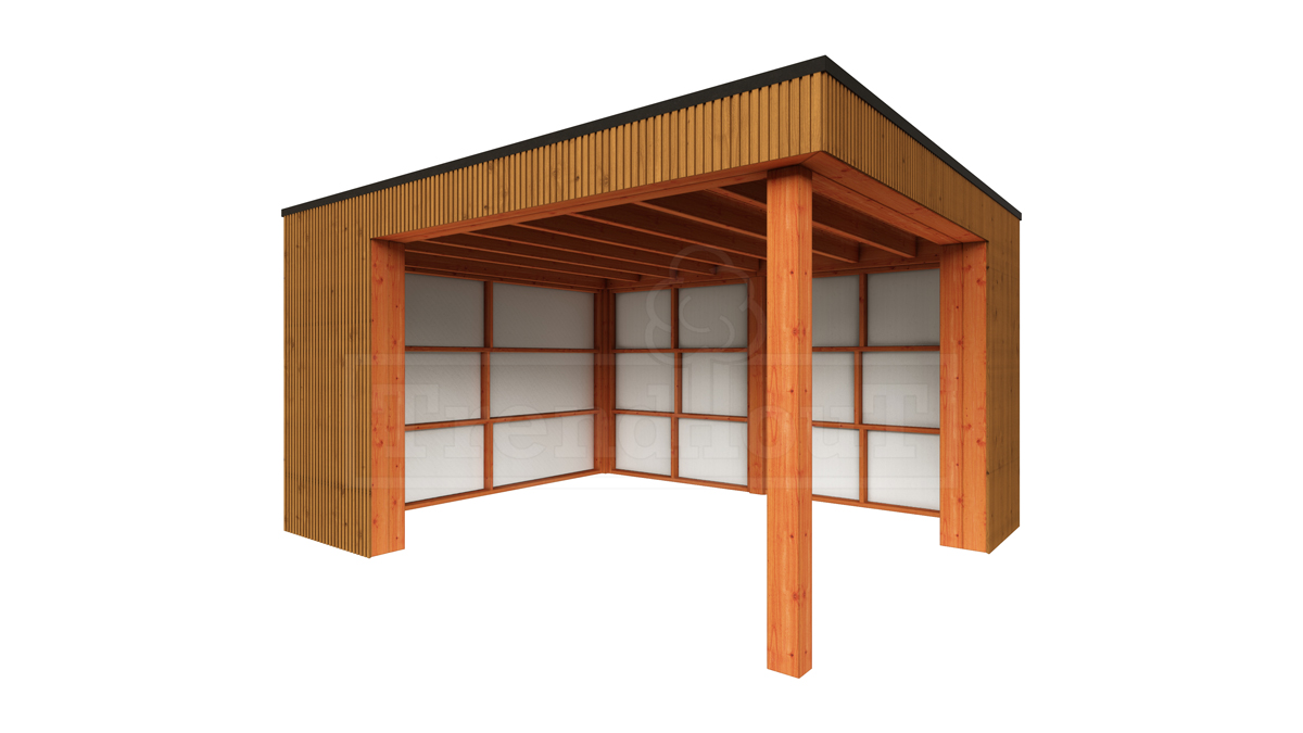 Trendhout Buitenverblijf Capri 425x425 - Plat dak model links- Plat dak- Onbehandeld lariks Douglas hout- Trendhout afbeelding
