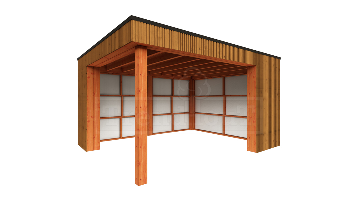 Trendhout Buitenverblijf Capri 425x425 - Plat dak model rechts- Plat dak- Onbehandeld lariks Douglas hout- Trendhout afbeelding