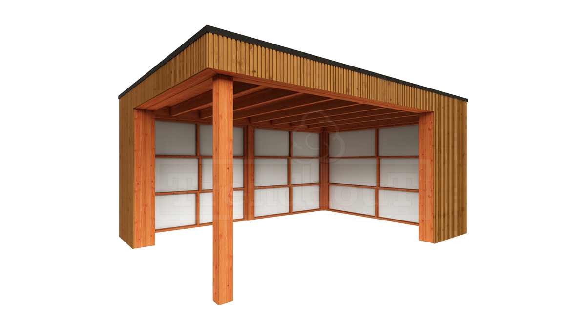 Trendhout Buitenverblijf Capri 490x425 - Plat dak model rechts- Plat dak- Onbehandeld lariks Douglas hout- Trendhout afbeelding