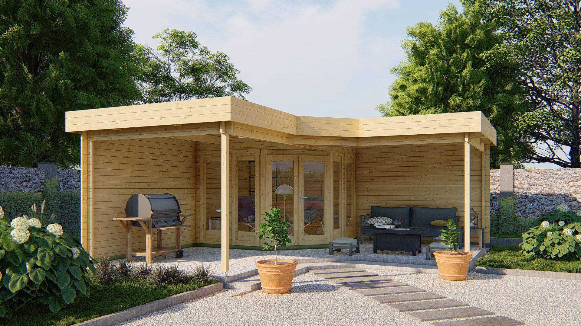 Van Kooten Tuin en Buitenleven Blokhut Funen met overkapping 300+298x300+298 cm - red class wood geïmpregneerd- Plat dak- Geïmpregneerd vurenhout- Tuindeco