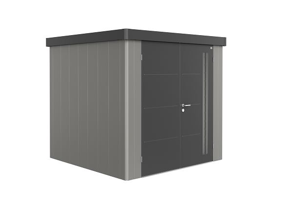 Metalen tuinhuis Neo 2B 236x236 cm met dubbele deur - Kwartsgrijs/ donkergrijs