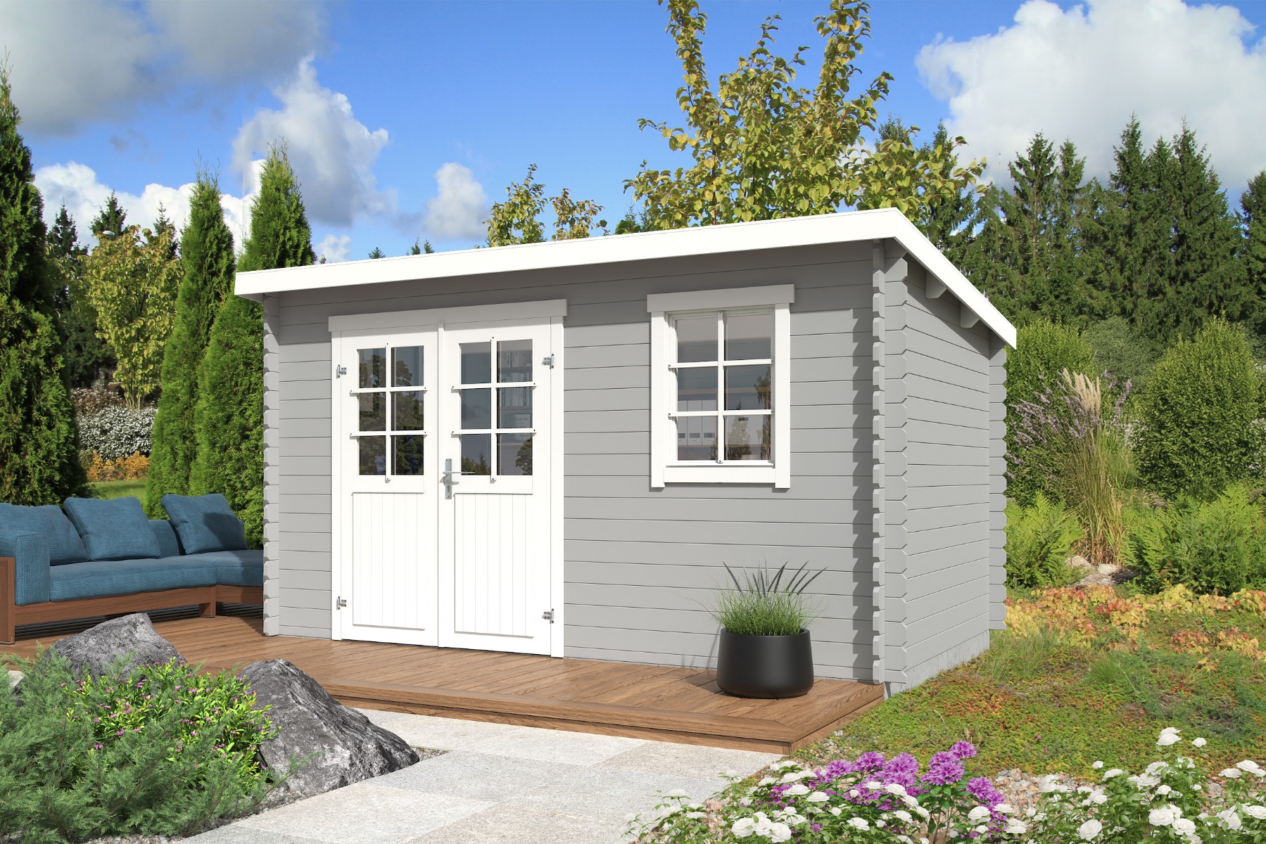 Outdoor Life Amira Blokhut 400x250 cm 28 mm vuren Platinum Grey-Wit gecoat