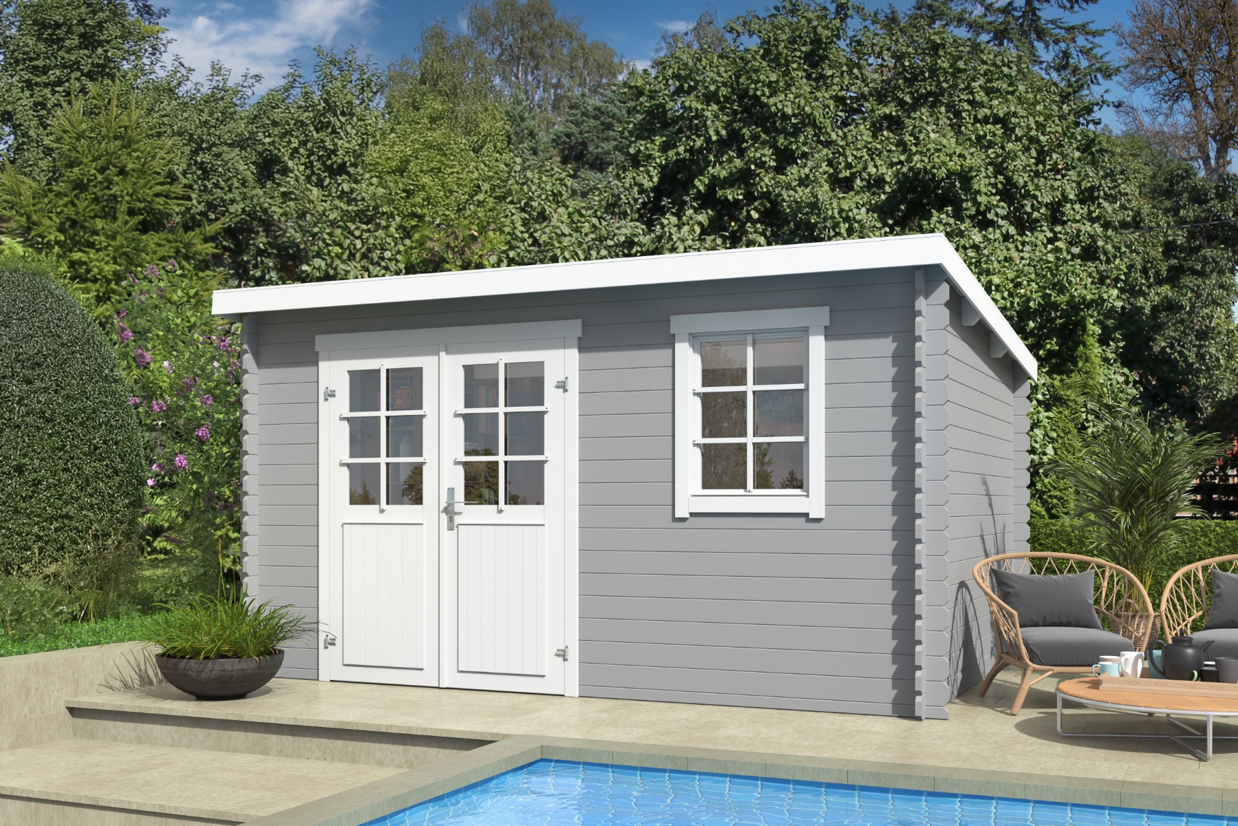 Outdoor Life Amira Blokhut 400x295 cm 28 mm vuren Platinum Grey-Wit gecoat
