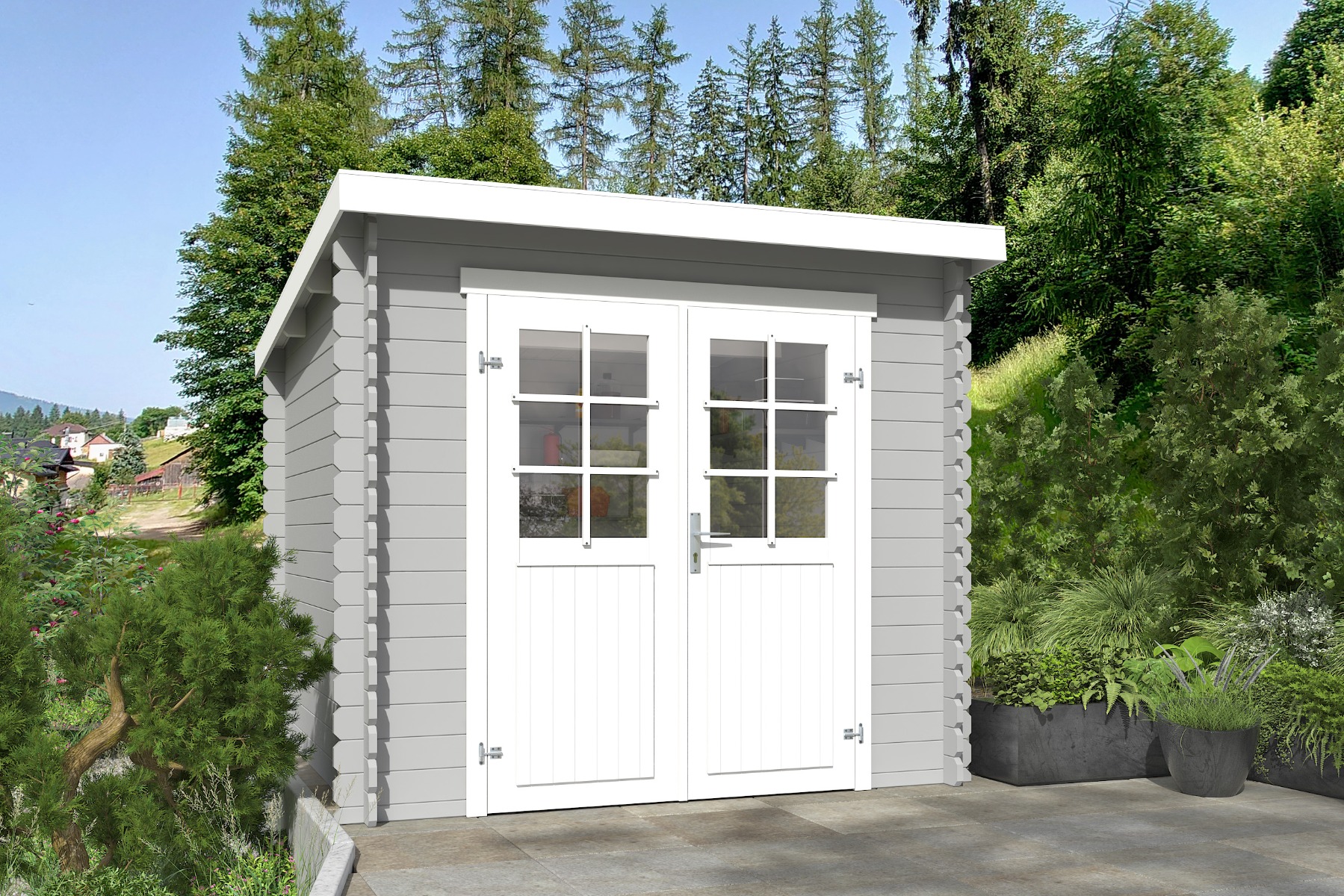Outdoor Life Indi Blokhut 250x250 cm 28 mm vuren Platinum Grey-Wit gecoat