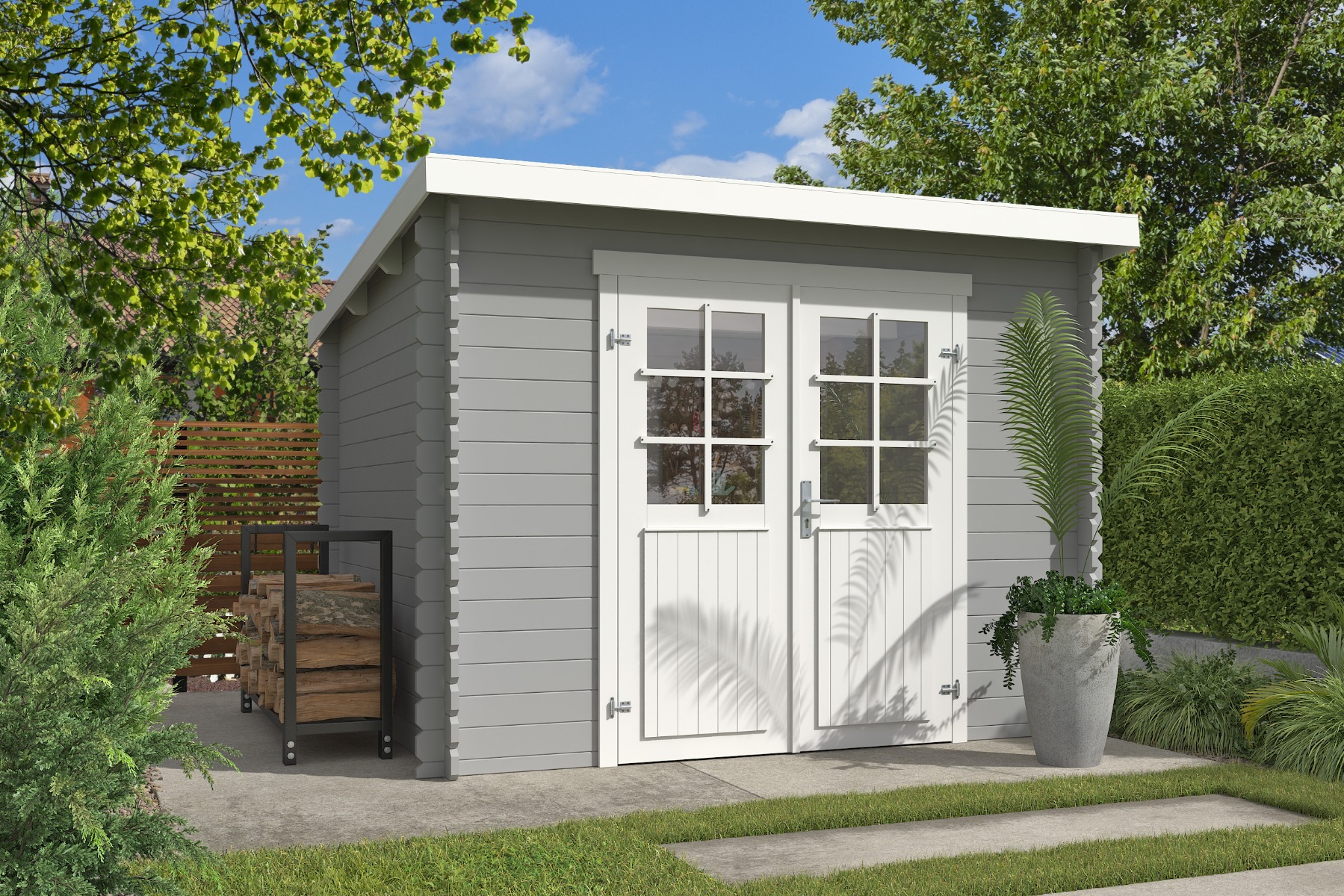 Outdoor Life Nadia Blokhut 295x250 cm 28 mm vuren Platinum Grey-Wit gecoat
