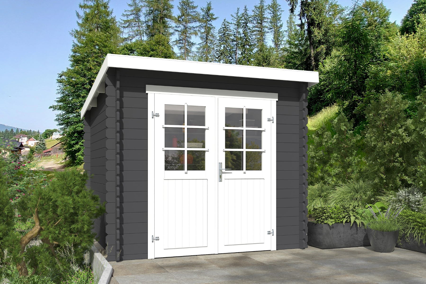 Outdoor Life Indi Blokhut 250x250 cm 28 mm vuren Carbon Grey-Wit gecoat