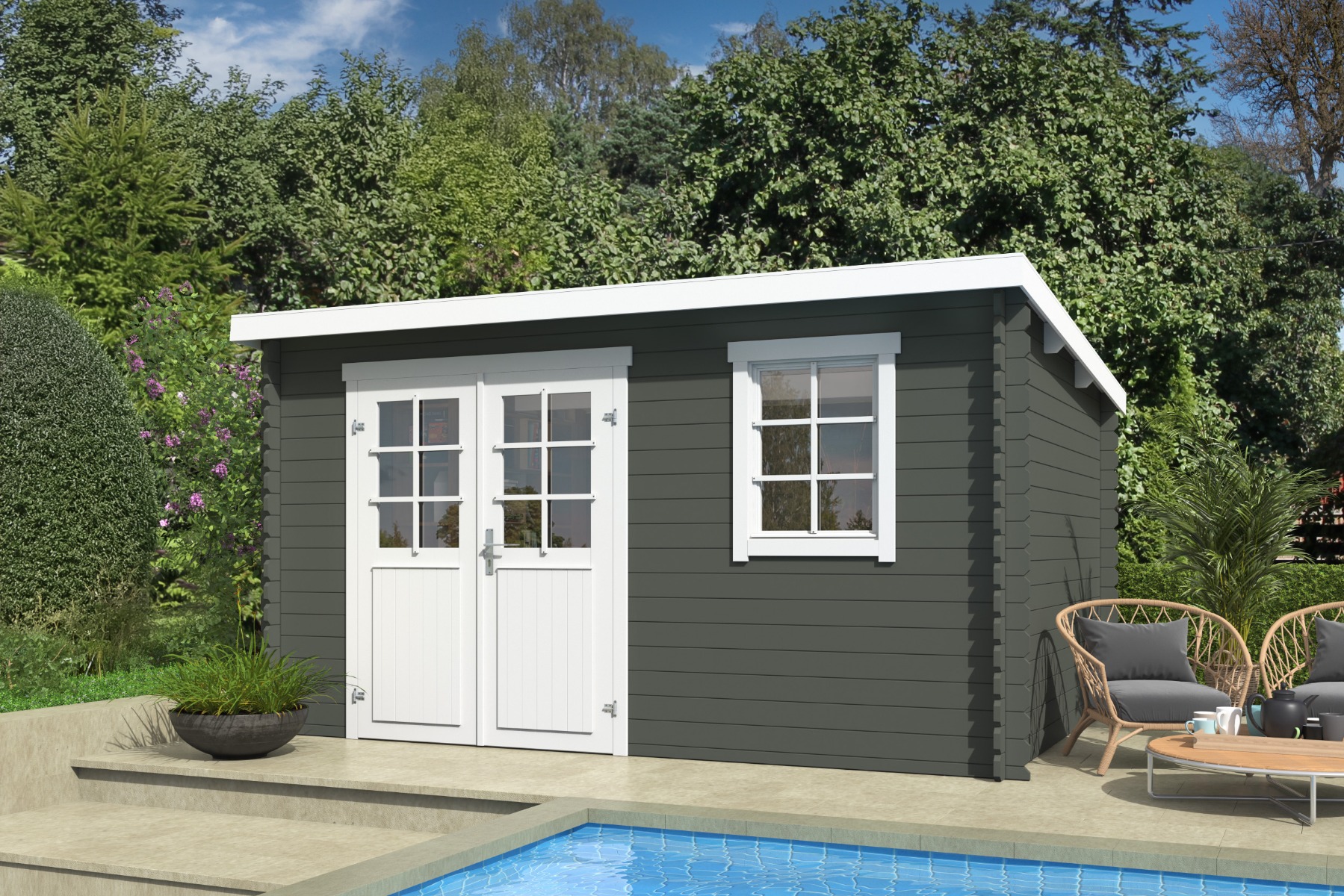 Outdoor Life Amira Blokhut 400x295 cm 28 mm vuren Green Grey-Wit gecoat- Lessenaarsdak- - Outdoor Life