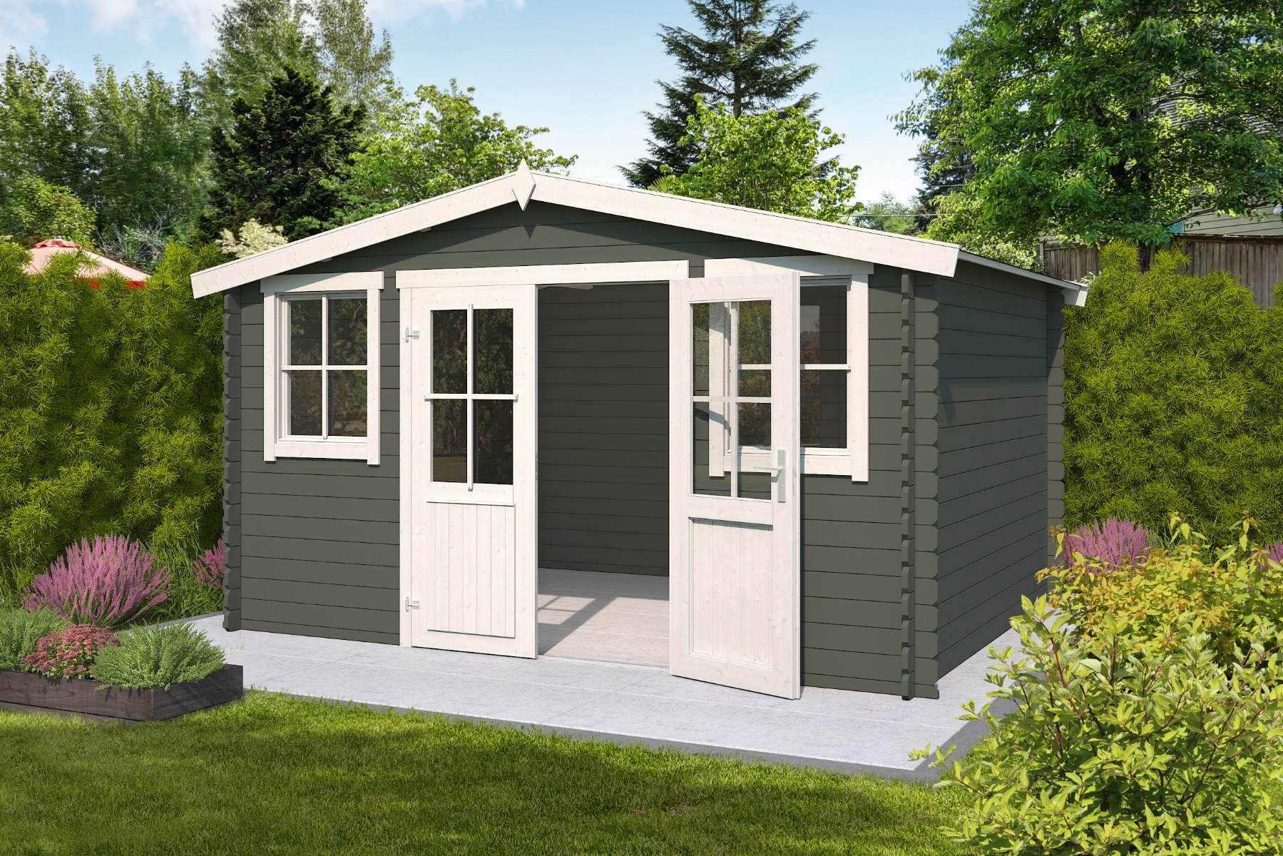 Blokhut Dallas 396x312 cm - Green Grey-Wit gecoat afbeelding