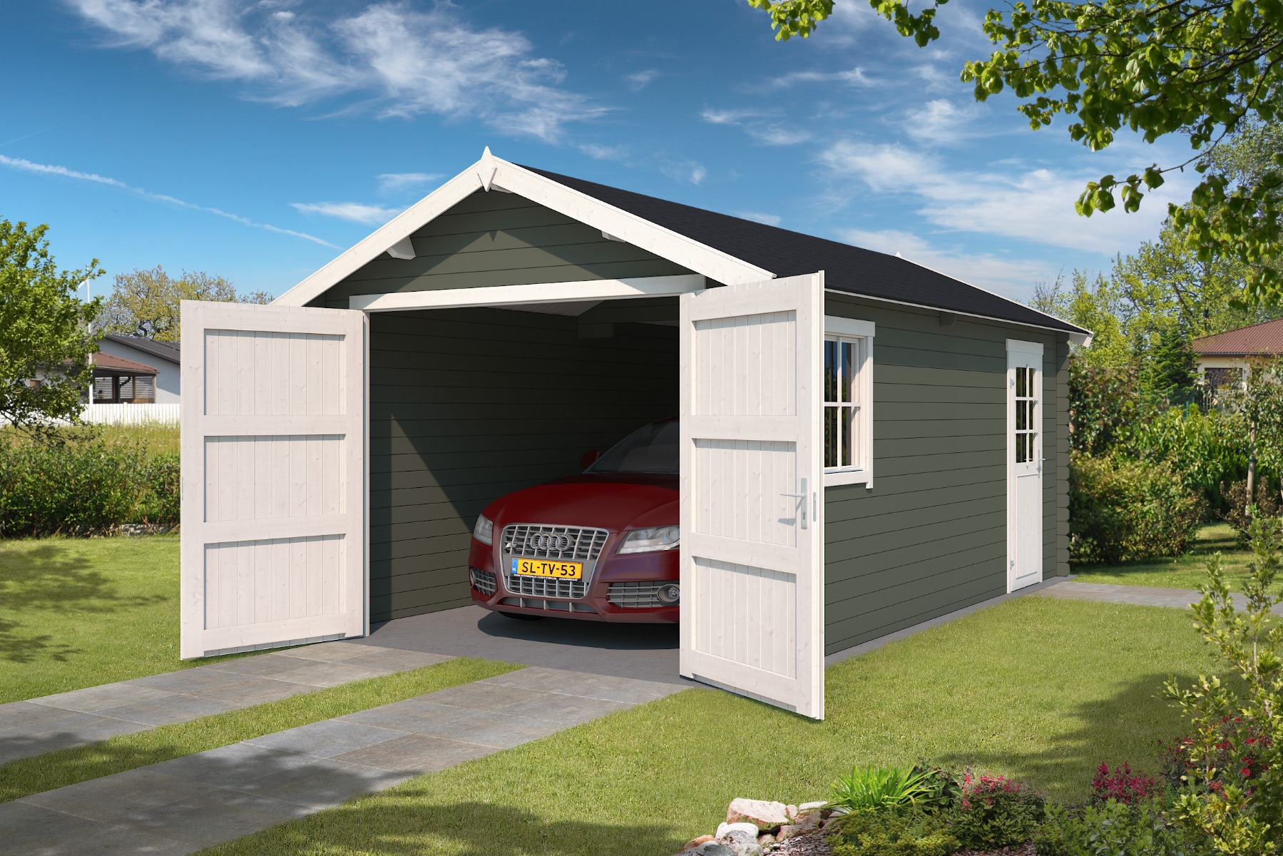 Outdoor Life Dillon Blokhut 320x560 cm 34 mm vuren Green Grey-Wit gecoat- Zadeldak- - Outdoor Life afbeelding