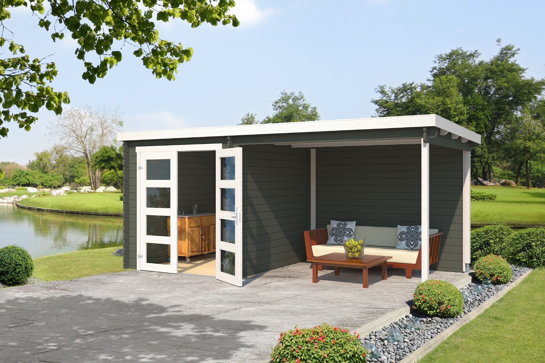 Blokhut Helena 492,2x250 cm - Green Grey-Wit gecoat afbeelding