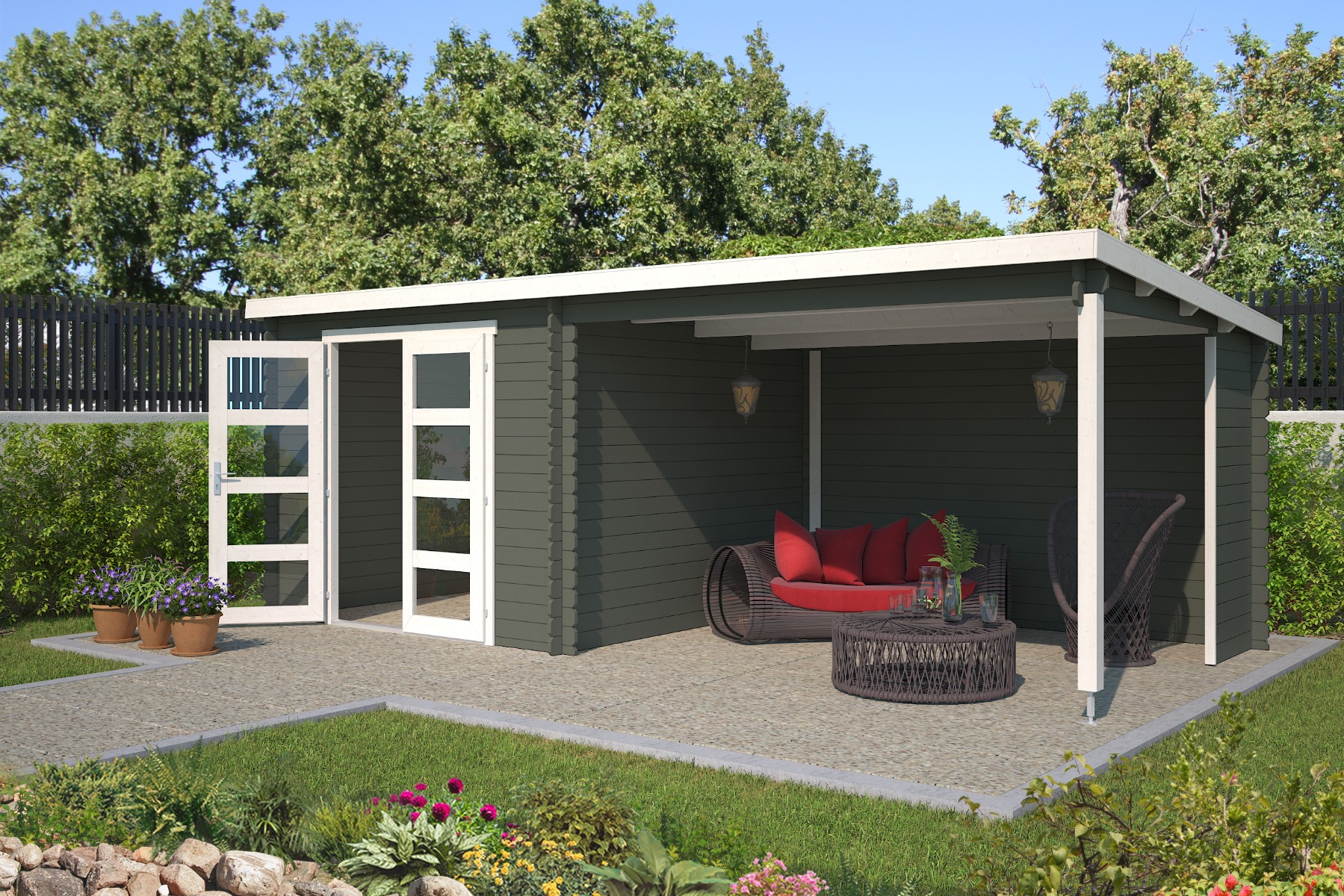 Blokhut Manuel 600x275 cm - Green Grey-Wit gecoat afbeelding
