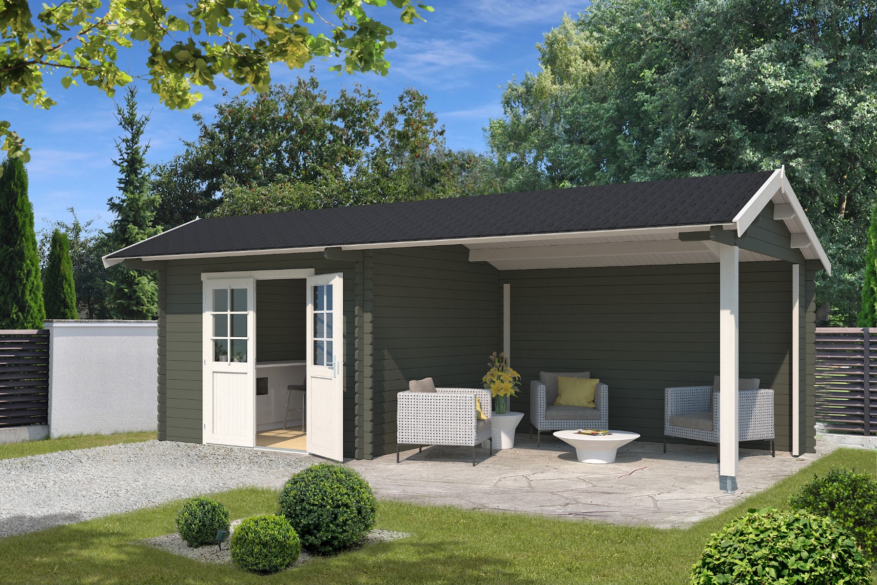 Blokhut Maribel 700x320 cm - Green Grey-Wit gecoat afbeelding