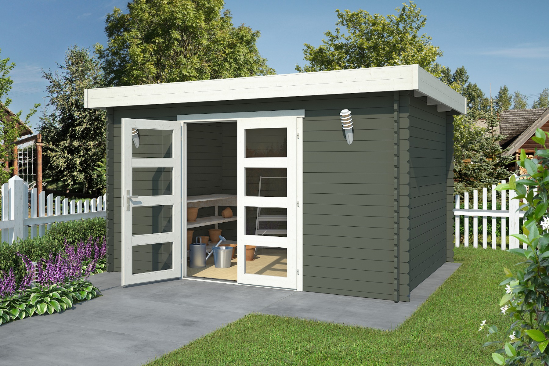 Blokhut Mikkel 400x295 cm - Green Grey-Wit gecoat afbeelding