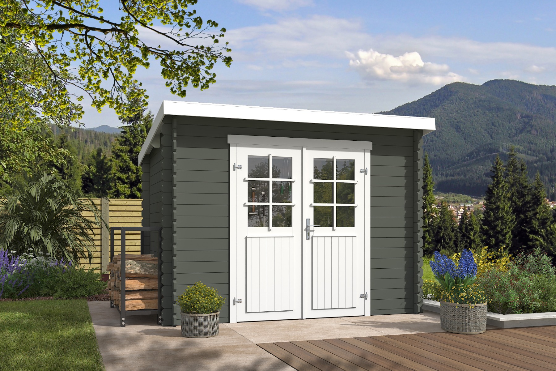 Outdoor Life Nadia Blokhut 295x195 cm 28 mm vuren Green Grey-Wit gecoat