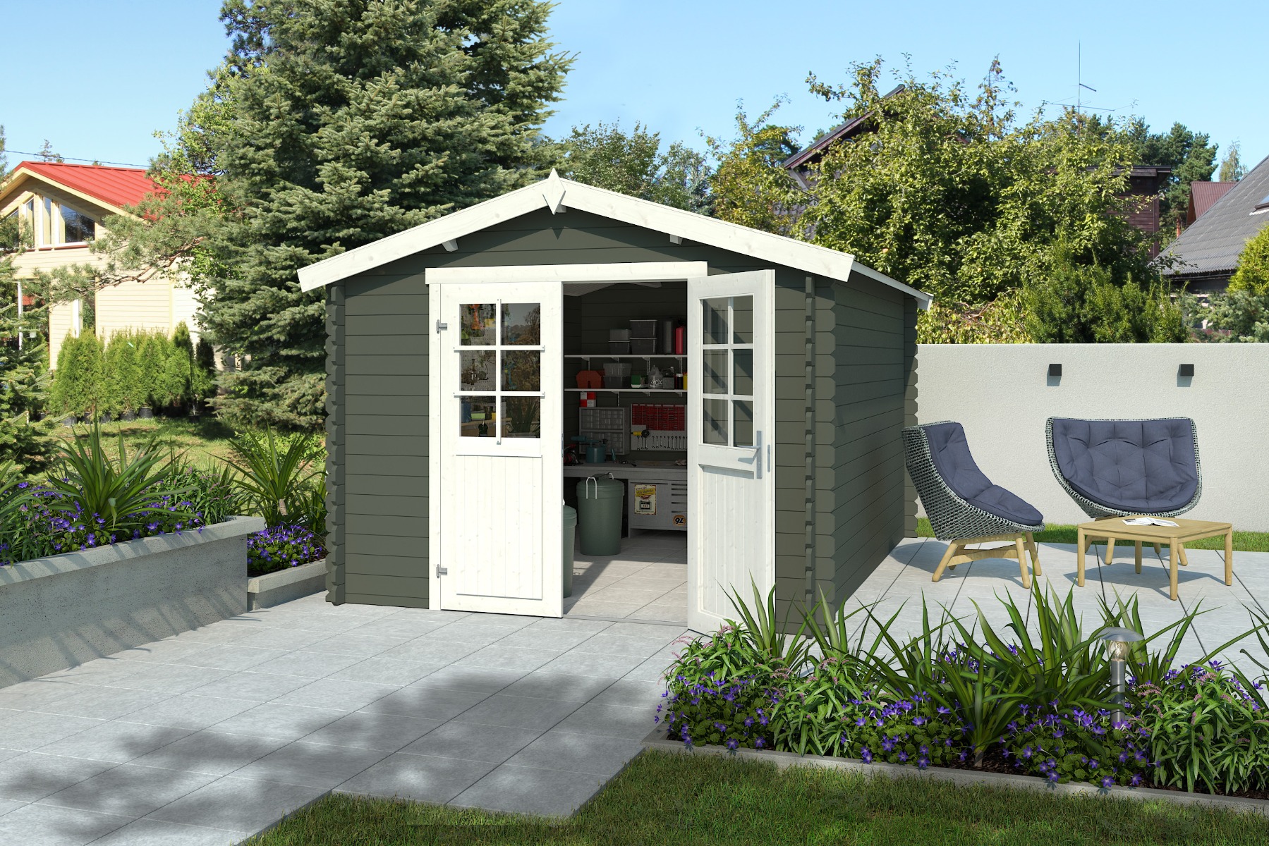 Blokhut Norah 295x400 cm - Green Grey-Wit gecoat afbeelding