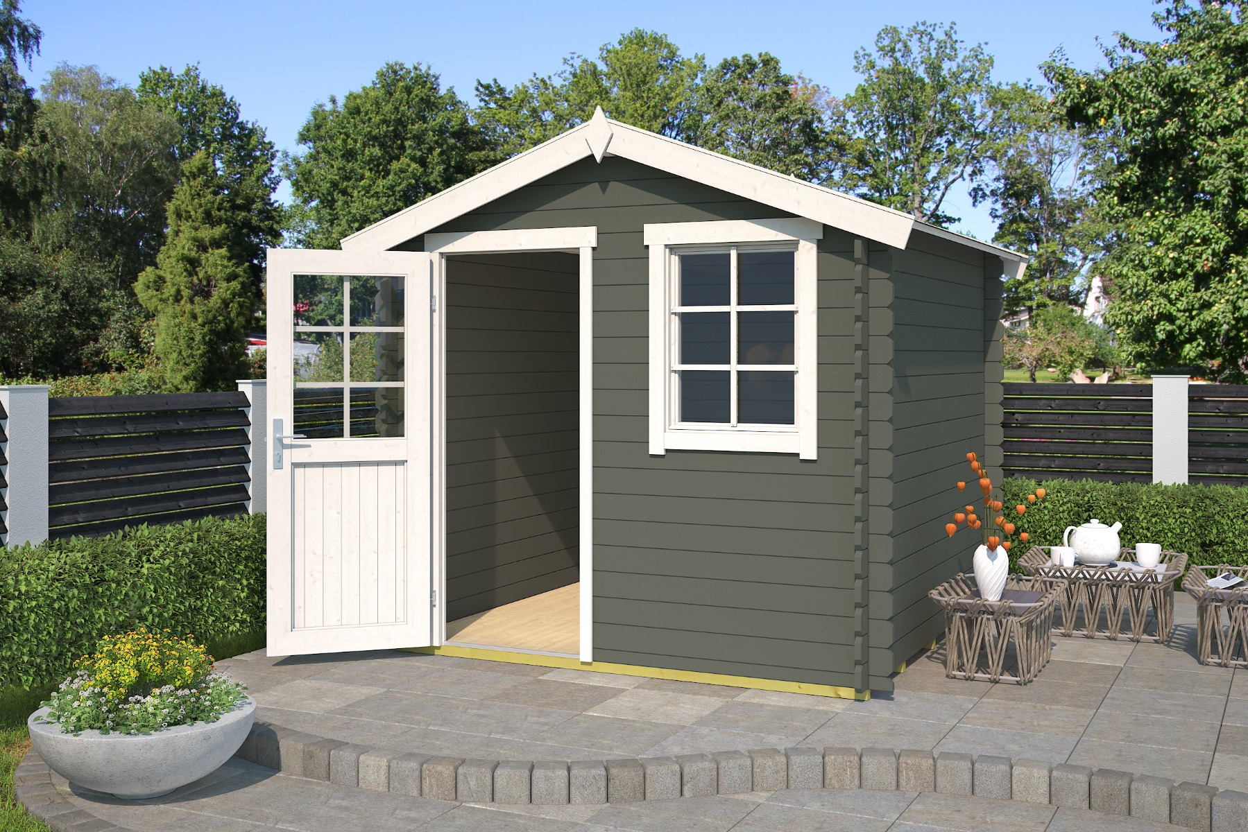 Blokhut Wels 250x250 cm - Green Grey-Wit gecoat afbeelding