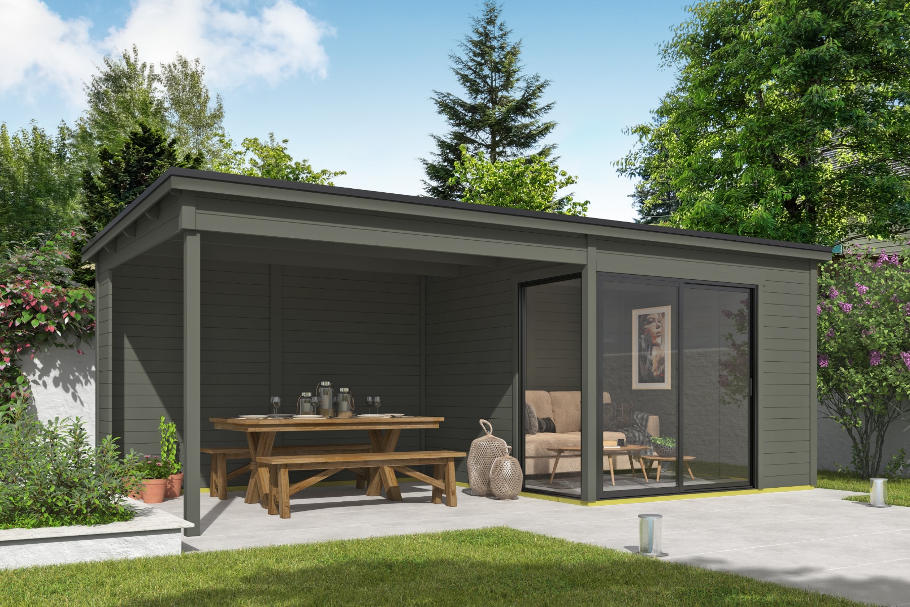 Tuinhuis Julia 295x295 cm + 350 cm aanbouw - Green Grey gecoat afbeelding