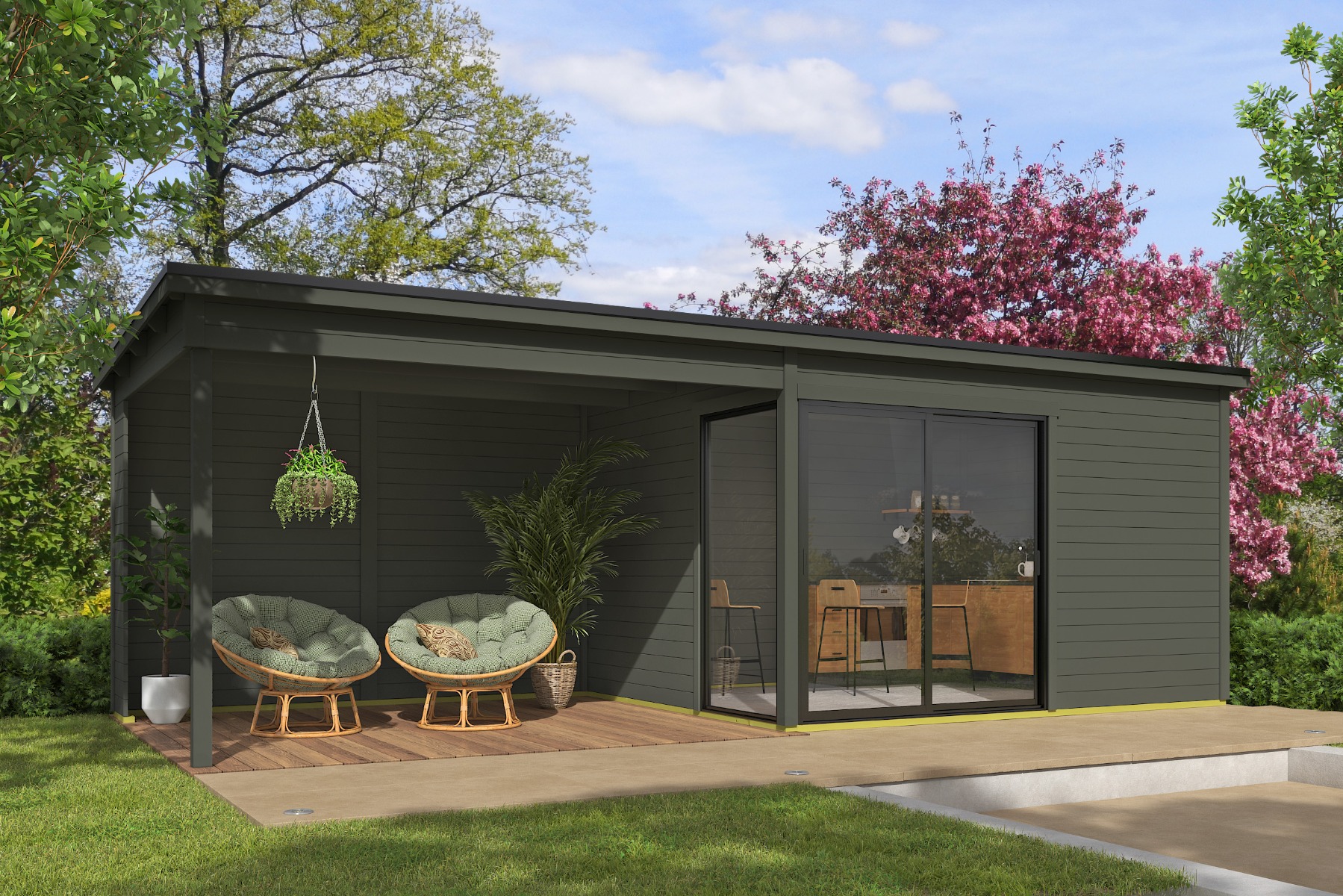 Tuinhuis Olivia 385x295 cm + 350 cm aanbouw - Green Grey gecoat afbeelding