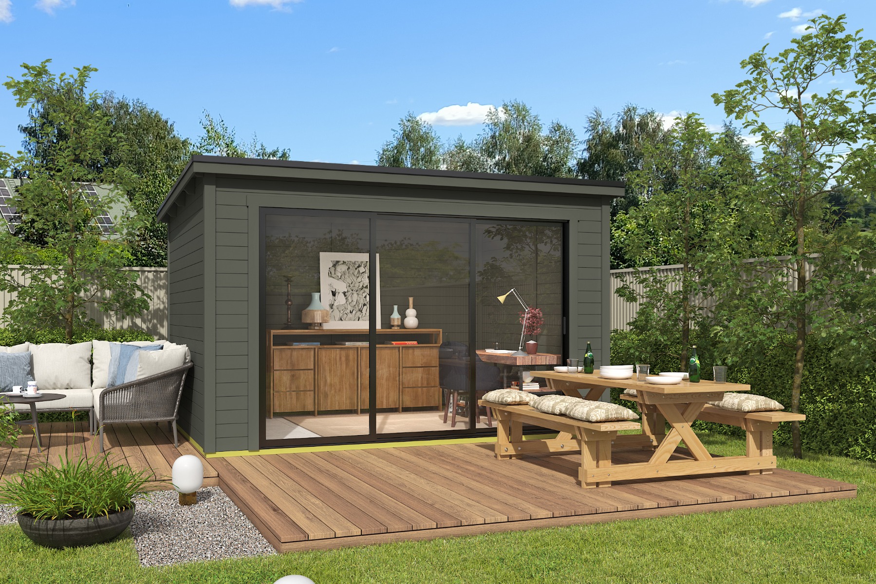 Tuinhuis Pernilla 385x295 cm - Green Grey gecoat afbeelding