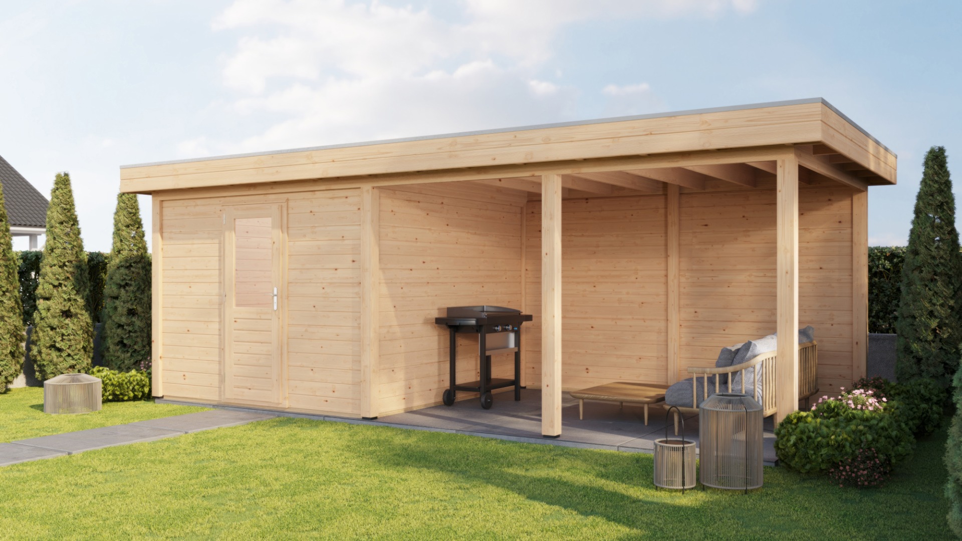 Lugarde Select Modern tuinhuis met overkapping Lelystad 300x300cm + 400cm - Onbehandeld afbeelding 1
