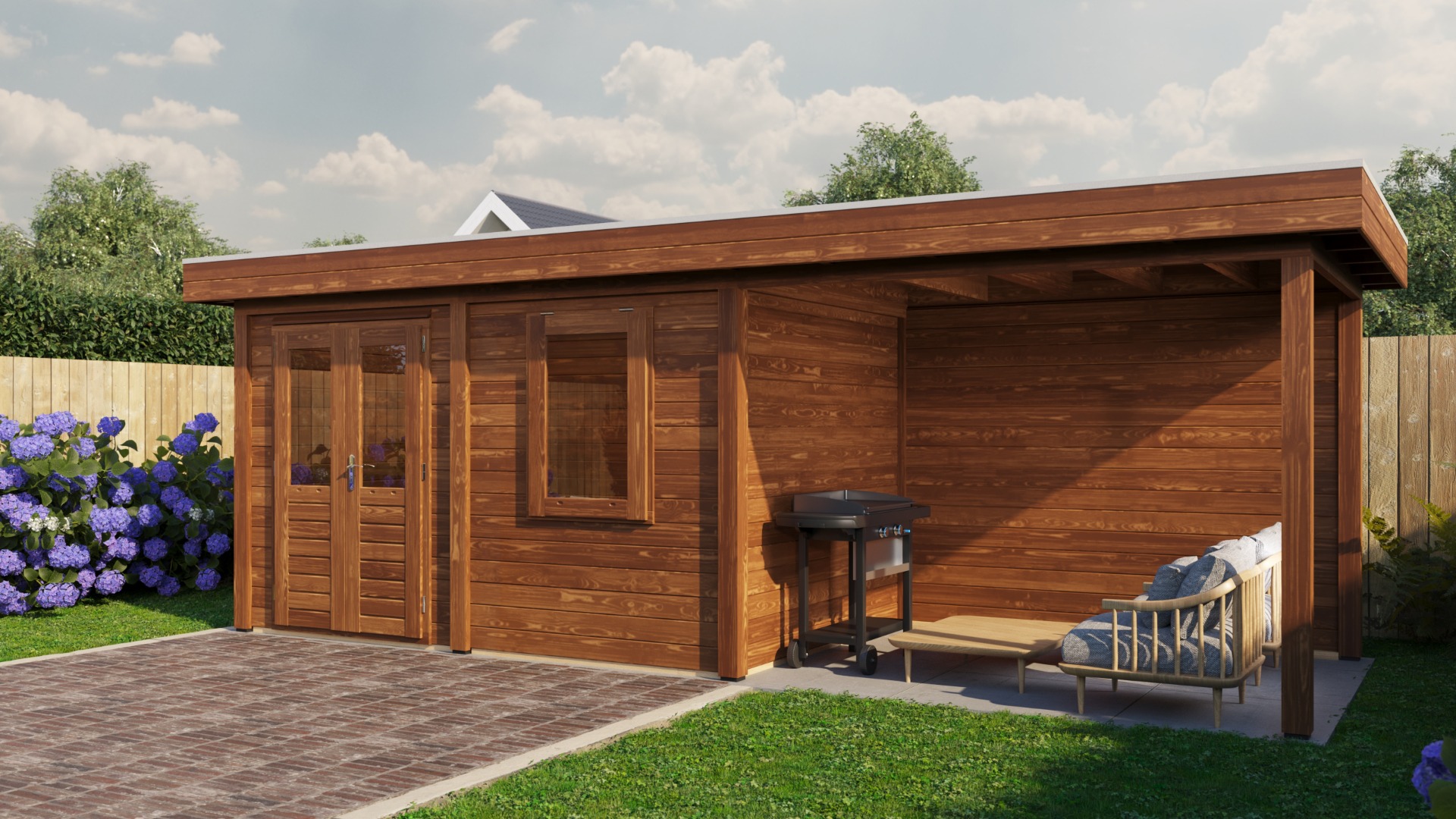 Lugarde Select Modern tuinhuis met overkapping Neerkant 388x250cm + 300cm - Bruine olie afbeelding 1